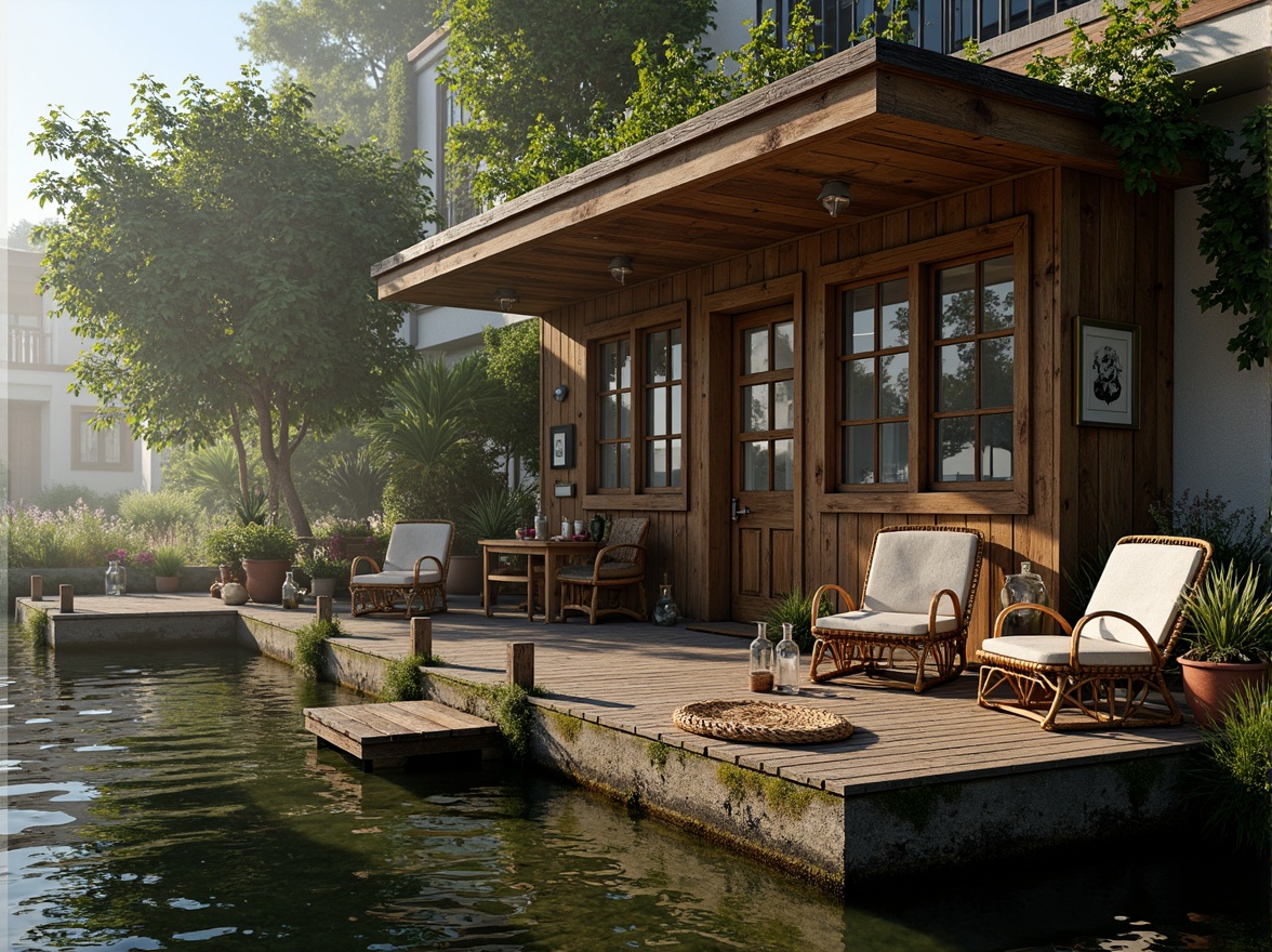 Prompt: Whimsical boathouse, eclectic facade, distressed wood textures, vintage nautical elements, rusty metal accents, colorful glass bottles, woven wicker furniture, lush greenery, overgrown vegetation, misty morning atmosphere, soft warm lighting, shallow depth of field, 1/1 composition, realistic water reflections, ambient occlusion.