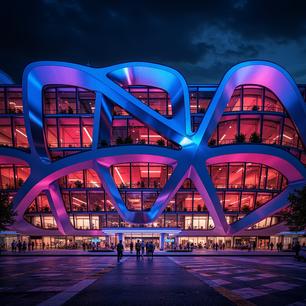 Prompt: Vibrant stadium facade, dynamic curves, bold angular lines, futuristic expressionist architecture, neon-lit LED lights, abstract geometric patterns, irregular shapes, clashing colors, distorted proportions, oversized arches, sweeping cantilevers, dramatic shadows, high-contrast lighting, 1/2 composition, low-angle shot, cinematic atmosphere, realistic materials, ambient occlusion.