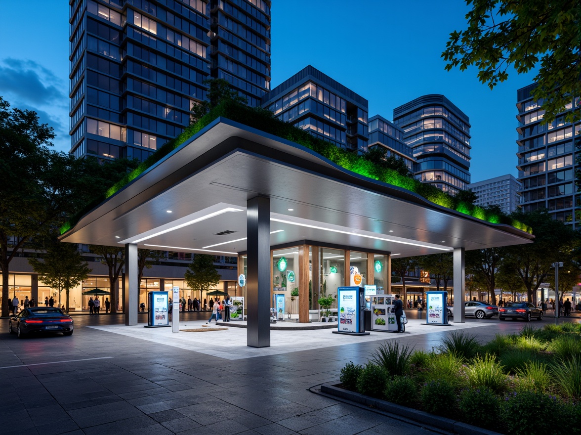 Prompt: Futuristic gas station, sleek metal facade, neon LED lights, angular lines, minimalist design, high-tech equipment, digital displays, touchless payment systems, modern fuel pumps, stainless steel canopies, cantilevered roofs, green walls, living trees, urban landscape, busy streets, vibrant city lights, shallow depth of field, 1/1 composition, realistic textures, ambient occlusion.