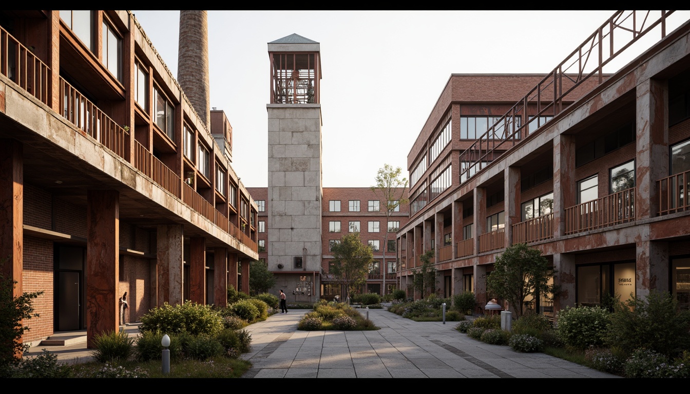 Prompt: Industrial heritage site, exposed brick buildings, rusty metal structures, reclaimed wood accents, vintage factory equipment, urban renewal, mixed-use development, adaptive reuse, modern amenities, sleek glass facades, corten steel cladding, brutalist architecture, post-industrial landscape, overgrown vegetation, abandoned machinery, nostalgic atmosphere, warm golden lighting, shallow depth of field, 2/3 composition, realistic textures, ambient occlusion.