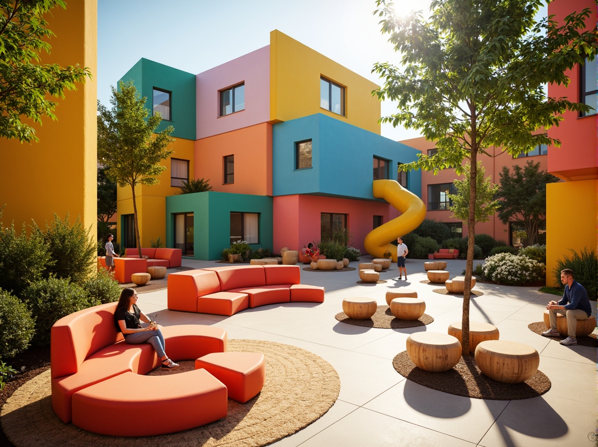 Prompt: Vibrant playground, bright color accents, whimsical murals, playful furniture, soft cushions, rounded shapes, natural wood textures, bold geometric patterns, sunny day, warm lighting, shallow depth of field, 1/1 composition, realistic renderings, ambient occlusion.