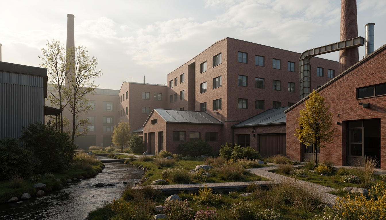 Prompt: Industrial factory complex, rustic brick buildings, corrugated metal roofs, worn concrete walls, vintage machinery, abandoned chimneys, overgrown vegetation, wildflowers, meandering streams, misty atmosphere, soft warm lighting, shallow depth of field, 3/4 composition, panoramic view, realistic textures, ambient occlusion, regionalism-inspired architecture, modern industrial design, functional spaces, exposed ductwork, metal catwalks, reclaimed wood accents, earthy color palette, natural stone pathways, weathered steel bridges.