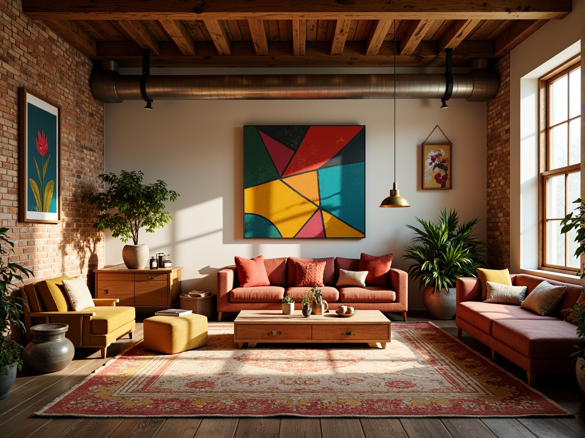 Prompt: Vibrant artistic studio, eclectic furniture, bold color blocking, contrasting textures, abstract artwork, statement lighting fixtures, industrial metal accents, reclaimed wood floors, bohemian-inspired rugs, natural fiber textiles, earthy tone ceramics, warm golden lighting, shallow depth of field, 1/1 composition, realistic renderings, ambient occlusion.