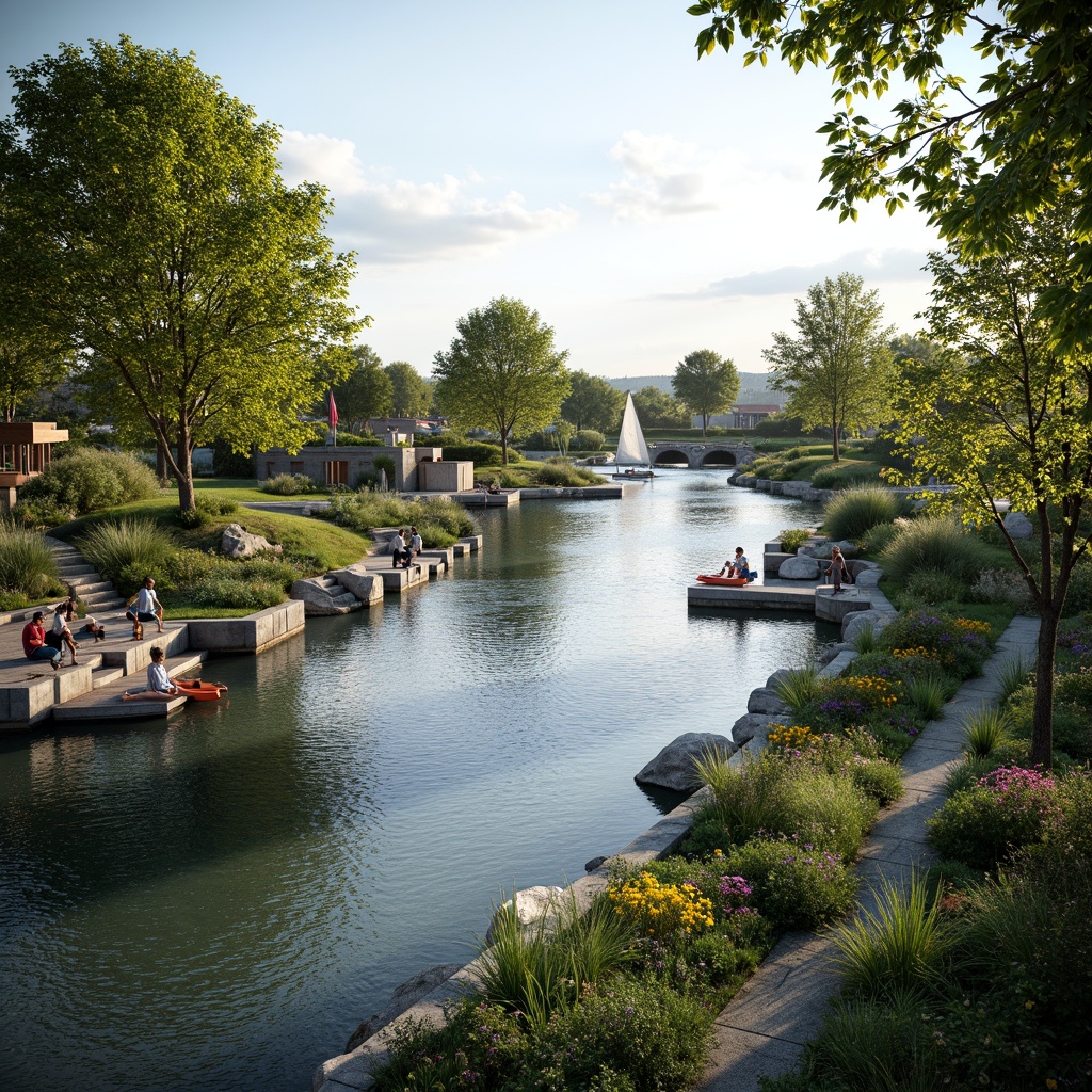 Prompt: Riverbank landscape, serene water flow, lush green vegetation, natural stone walls, wooden docks, sailboats, kayaks, paddleboards, scenic walking paths, benches, picnic areas, vibrant flowers, blooming trees, sunny day, soft warm lighting, shallow depth of field, 3/4 composition, panoramic view, realistic textures, ambient occlusion, gentle river breeze, misty atmosphere, rustic wooden bridges, meandering river streams, tranquil water reflections.