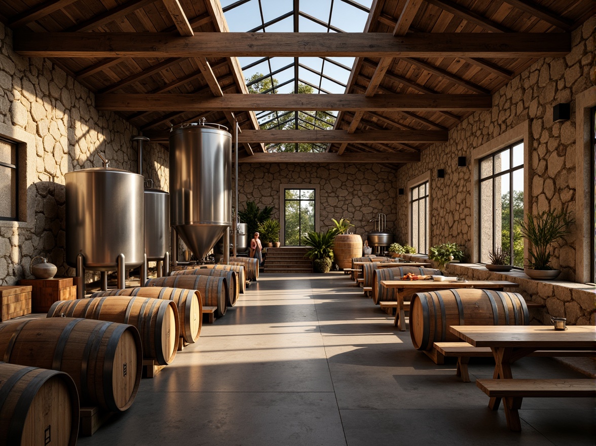 Prompt: Rustic winery, wooden barrels, stone walls, earthy tones, natural lighting, reclaimed wood accents, metal fermentation tanks, glass ceilings, modern industrial design, sleek steel beams, polished concrete floors, wine cellar ambiance, dim warm lighting, soft focus, shallow depth of field, 1/2 composition, realistic textures, ambient occlusion.