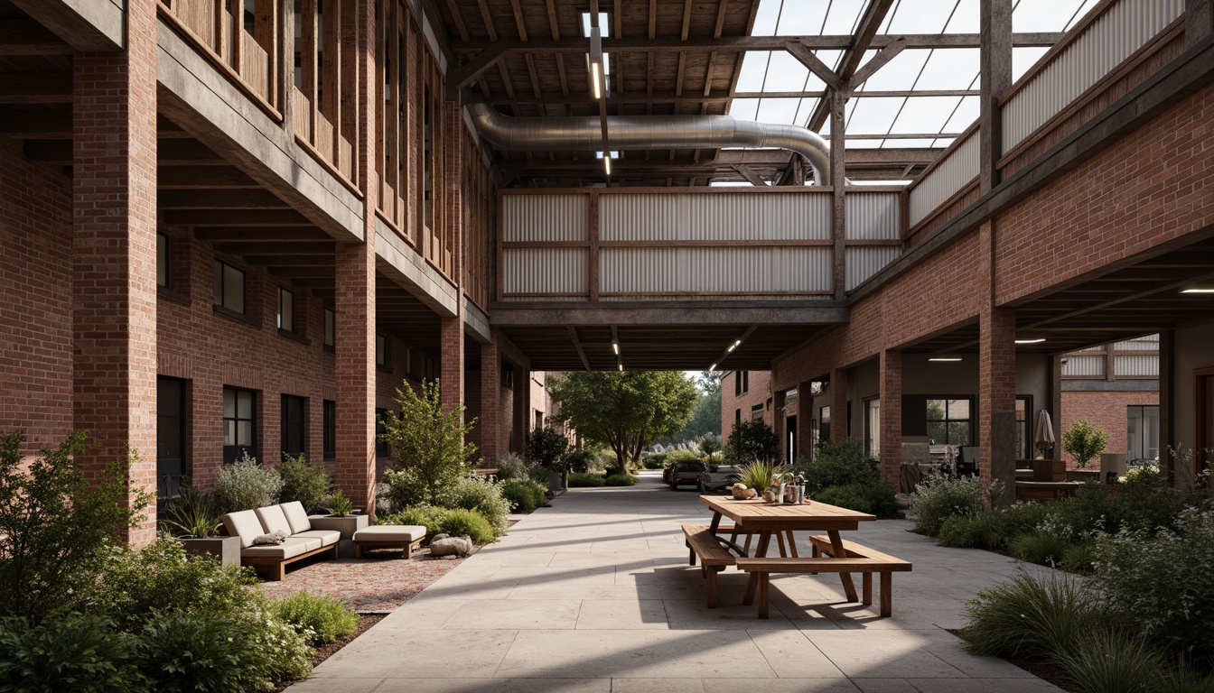 Prompt: Rustic industrial landscape, abandoned factories, worn brick walls, distressed metal roofs, reclaimed wood accents, earthy tones, natural textures, regional materials, local craftsmanship, exposed ductwork, concrete floors, steel beams, functional minimalism, industrial chic aesthetic, warm soft lighting, shallow depth of field, 1/1 composition, realistic renderings, ambient occlusion.