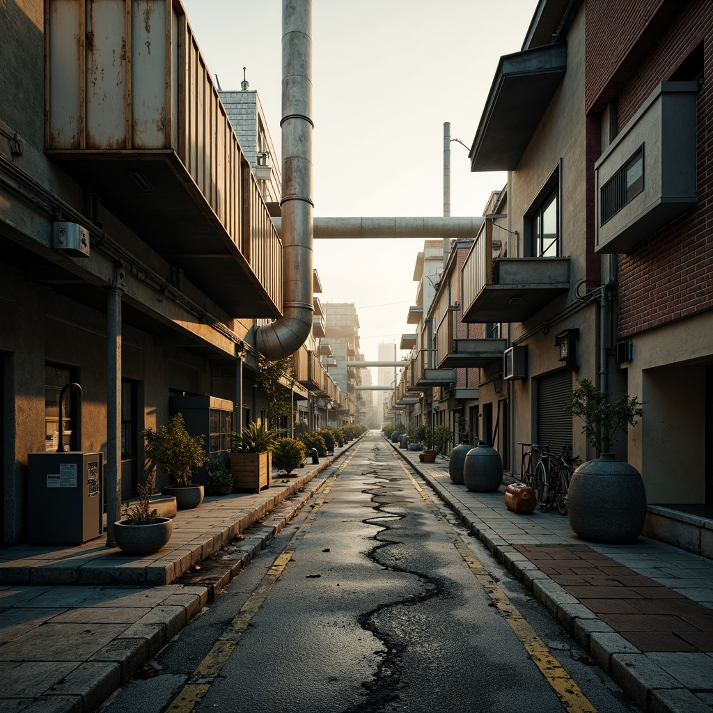 Prompt: Industrial landscape, rugged concrete roads, metallic buildings, exposed ductwork, steel beams, industrial pipes, mechanical equipment, urban cityscape, misty atmosphere, warm golden lighting, shallow depth of field, 2/3 composition, realistic textures, ambient occlusion, muted color palette, earthy tones, rusty reds, deep blues, weathered wood accents, distressed metal finishes, functional design elements.