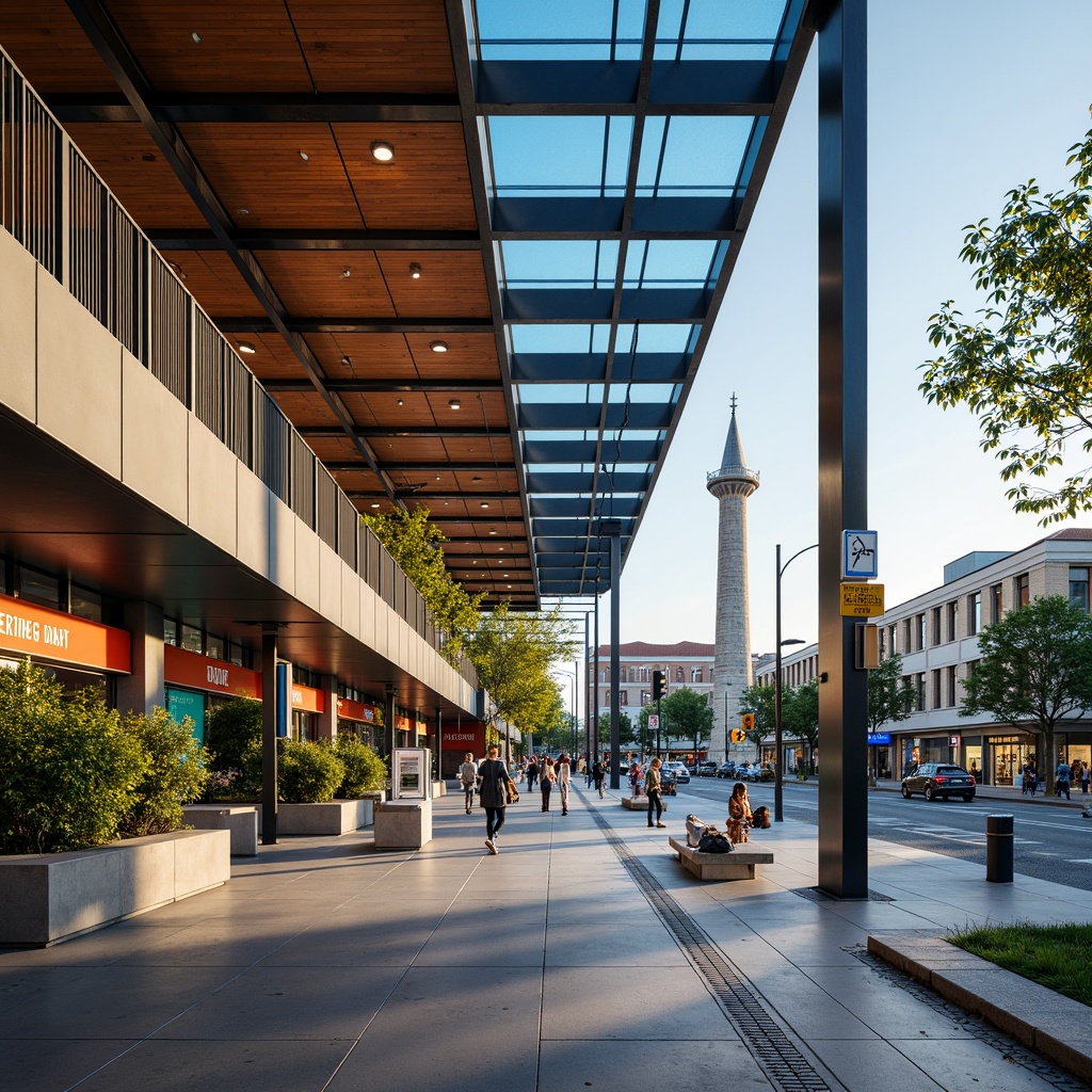 Prompt: Vibrant bus terminal, modern architecture, sleek metal beams, large glass windows, urban cityscape, bustling streets, morning commute, natural light, warm beige tones, deep blue accents, energetic orange hues, bold typography, wayfinding signage, pedestrian walkways, concrete flooring, stainless steel benches, greenery walls, ambient lighting, shallow depth of field, 3/4 composition, realistic textures.