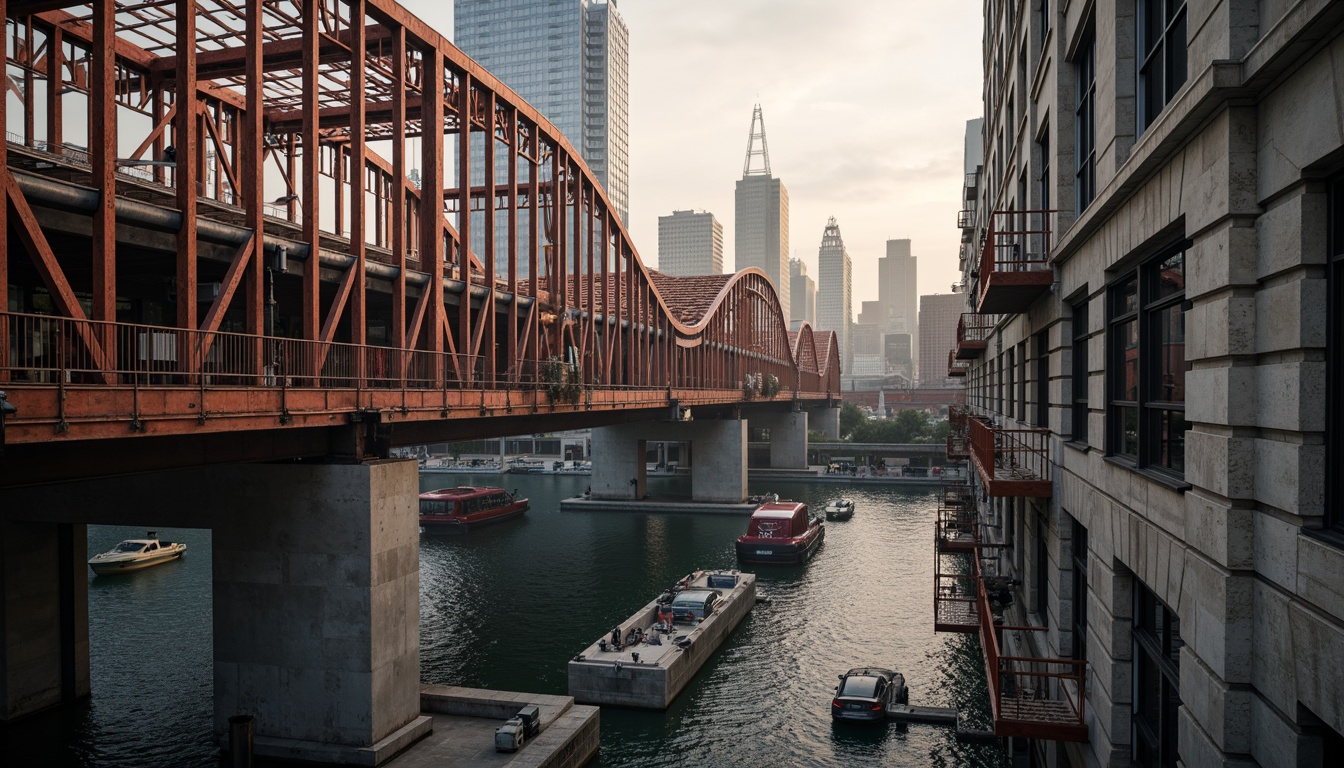 Prompt: Rustic steel bridges, industrial architecture, exposed beams, reinforced concrete pillars, suspension cables, metallic latticework, urban cityscape, misty morning atmosphere, soft warm lighting, shallow depth of field, 3/4 composition, panoramic view, realistic textures, ambient occlusion, intricate structural details, geometric patterns, modern engineering marvels, safety inspection equipment, construction cranes, warning signs, safety nets.