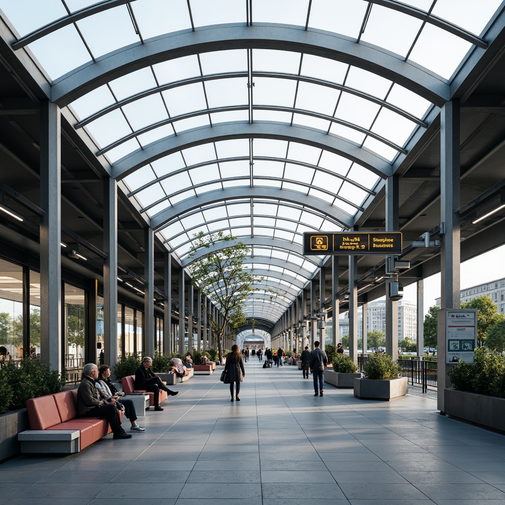 Prompt: Curved bus station canopy, sleek metal framework, transparent glass roofs, modern minimalist architecture, efficient passenger flow, streamlined waiting areas, comfortable seating, real-time information displays, intuitive wayfinding systems, urban cityscape, morning commute, soft natural lighting, shallow depth of field, 1/1 composition, realistic reflections, ambient occlusion.