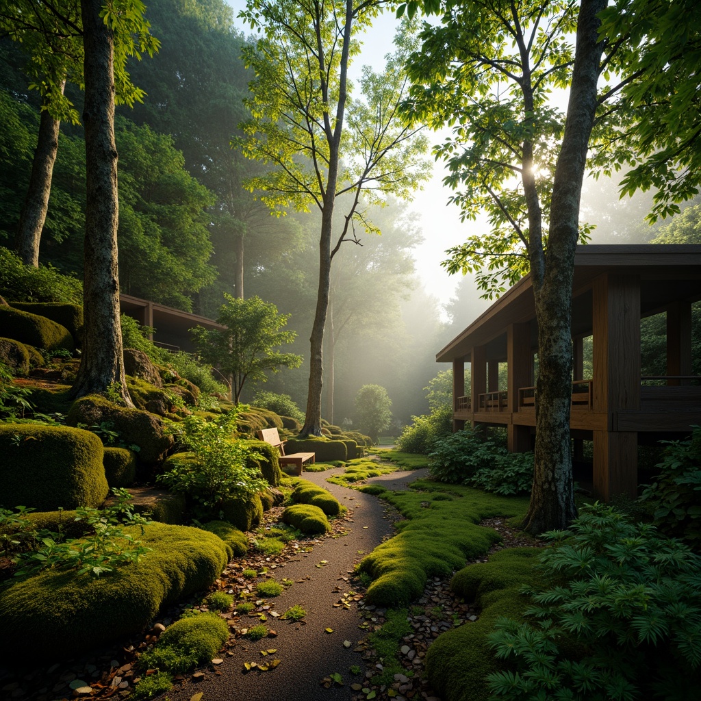 Prompt: Mossy forest floor, lush greenery, misty atmosphere, natural stone walls, wooden accents, earthy scent, soft warm lighting, shallow depth of field, 3/4 composition, panoramic view, realistic textures, ambient occlusion, serene ambiance, moss-covered trees, vibrant ferns, rustic wooden benches, winding forest paths, foggy morning, gentle sunlight filtering through leaves.