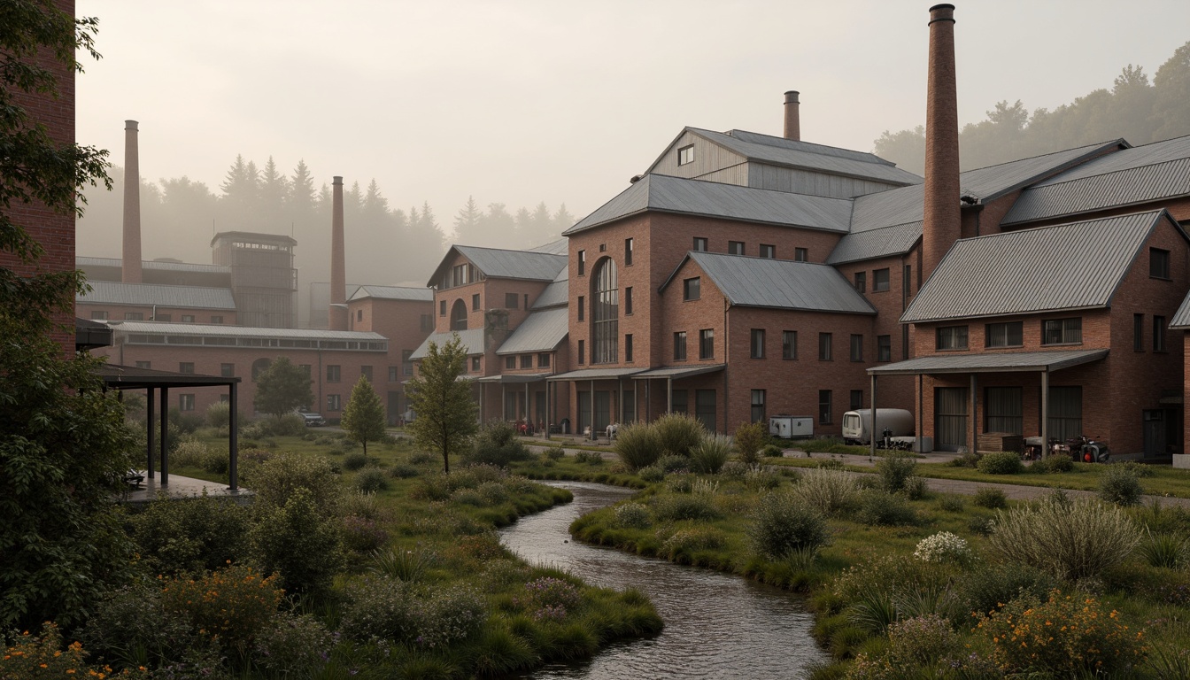 Prompt: Industrial factory complex, rustic brick buildings, corrugated metal roofs, worn concrete walls, vintage machinery, abandoned chimneys, overgrown vegetation, wildflowers, meandering streams, misty atmosphere, soft warm lighting, shallow depth of field, 3/4 composition, panoramic view, realistic textures, ambient occlusion, regionalist architectural style, functional simplicity, earthy color palette, distressed finishes, reclaimed wood accents, metal cladding, industrial heritage, nostalgic ambiance.