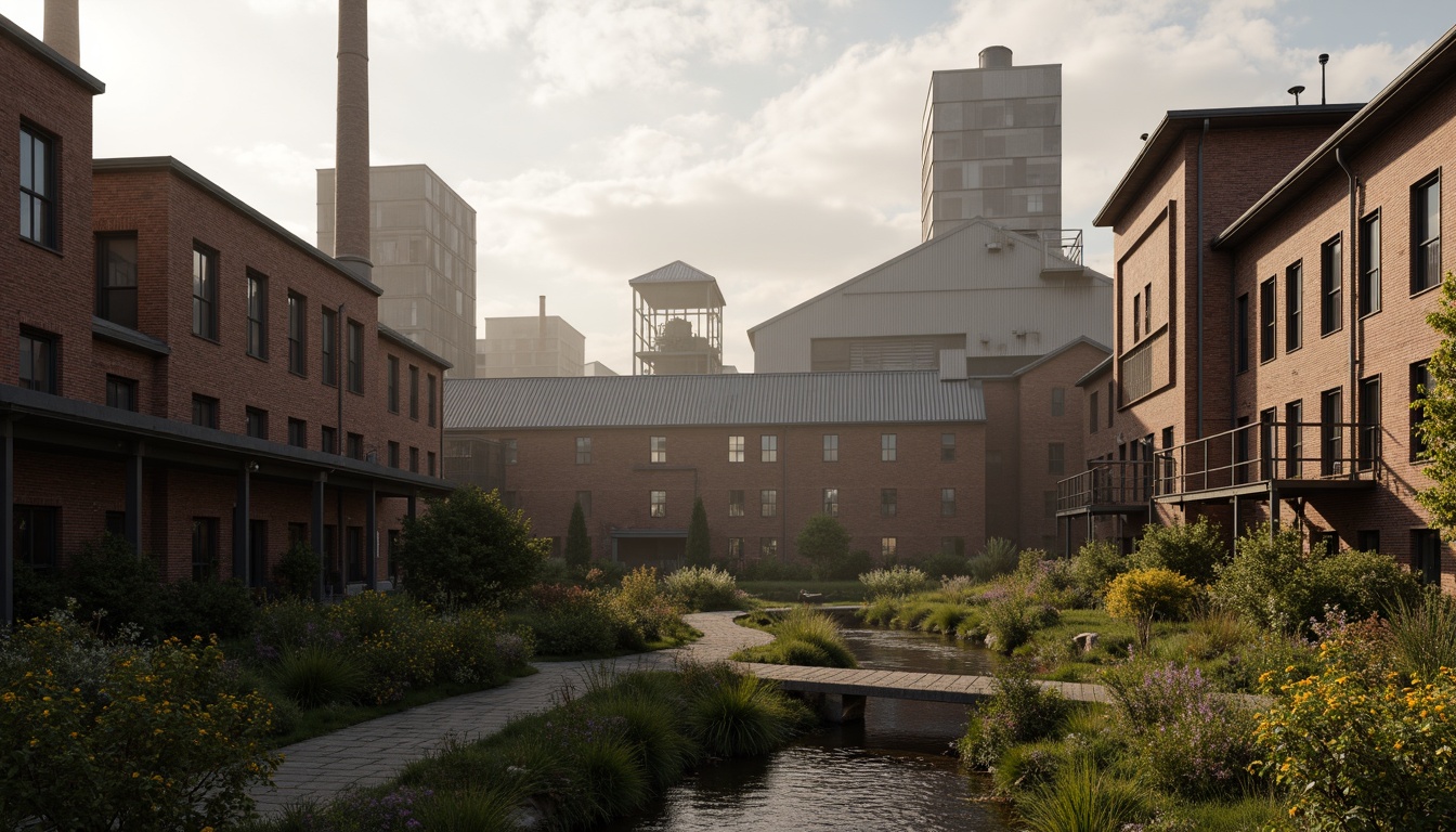 Prompt: Industrial factory complex, rustic brick buildings, corrugated metal roofs, worn concrete walls, vintage machinery, abandoned chimneys, overgrown vegetation, wildflowers, meandering streams, misty atmosphere, soft warm lighting, shallow depth of field, 3/4 composition, panoramic view, realistic textures, ambient occlusion, regionalism-inspired architecture, modern industrial design, functional spaces, exposed ductwork, metal catwalks, reclaimed wood accents, earthy color palette, natural stone pathways, weathered steel bridges.