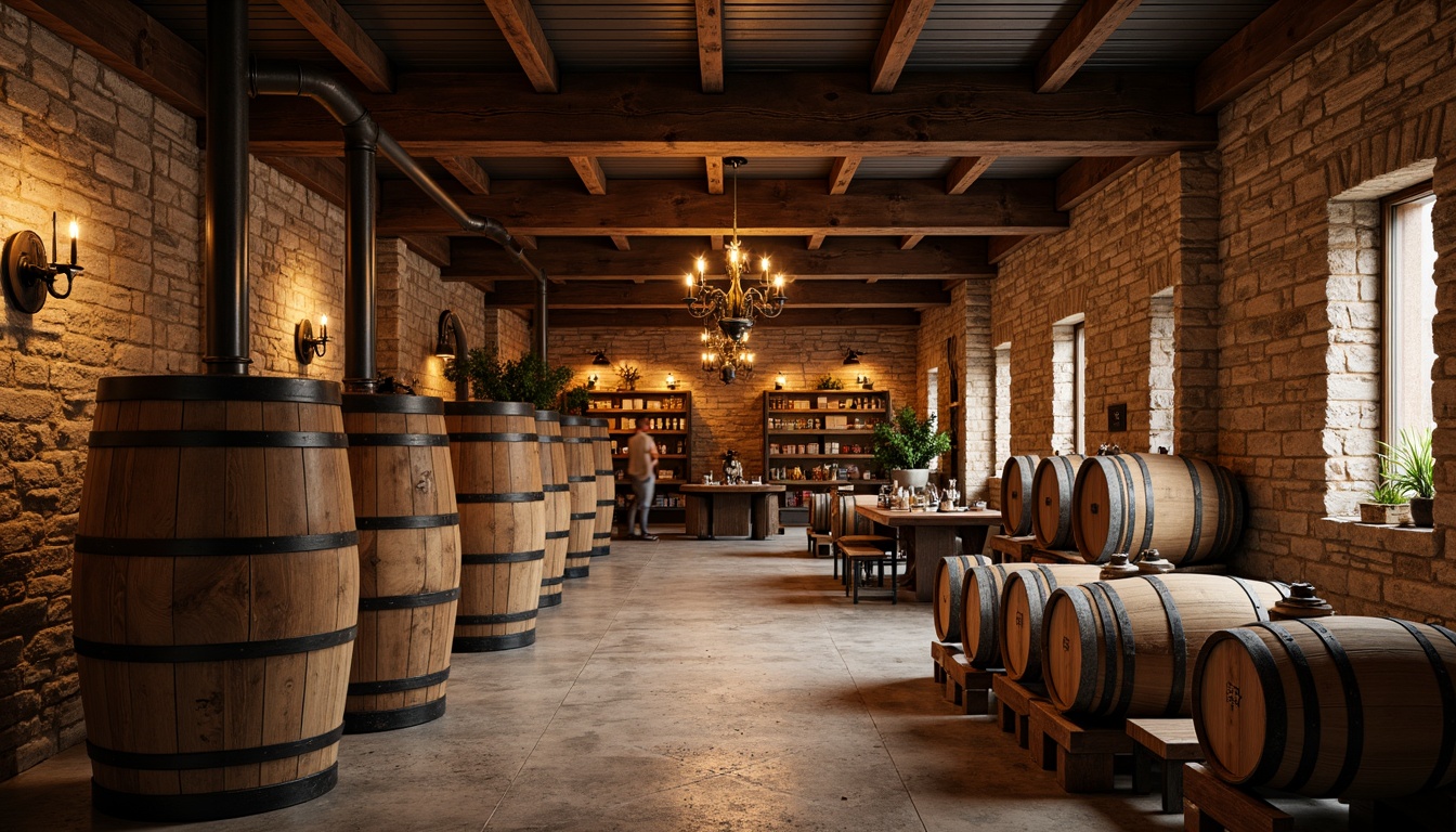 Prompt: Rustic winery, wooden barrels, stone walls, earthy tones, natural lighting, reclaimed wood accents, metal roofing, industrial chic decor, vintage wine-making equipment, exposed brick ceilings, wooden fermentation tanks, oak aging rooms, dim warm ambiance, soft golden lighting, shallow depth of field, 1/1 composition, realistic textures, ambient occlusion.