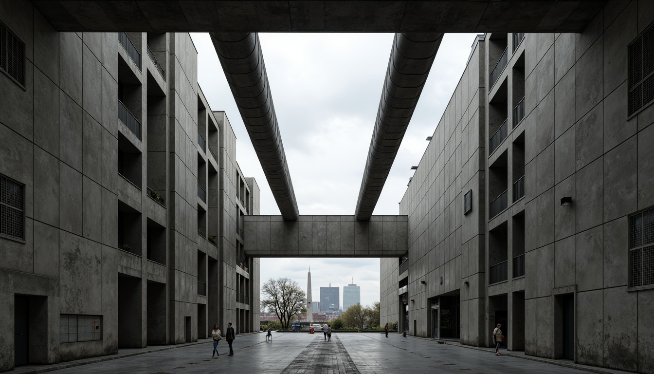 Prompt: Rugged concrete walls, exposed ductwork, industrial pipes, raw steel beams, brutalist architecture, fortress-like structures, monumental scale, geometric shapes, angular lines, minimal ornamentation, functional simplicity, urban landscapes, city skylines, overcast skies, dramatic shadows, high-contrast lighting, 1/1 composition, symmetrical framing, gritty textures, ambient occlusion.