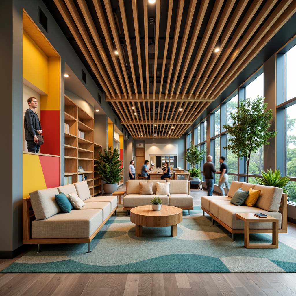 Prompt: Vibrant student lounge, bold accent walls, warm beige furniture, rich wood tones, calming blue-green hues, natural textiles, industrial metal accents, modern minimalist decor, cozy reading nooks, comfortable seating areas, abundant natural light, soft warm lighting, 1/1 composition, realistic textures, ambient occlusion.