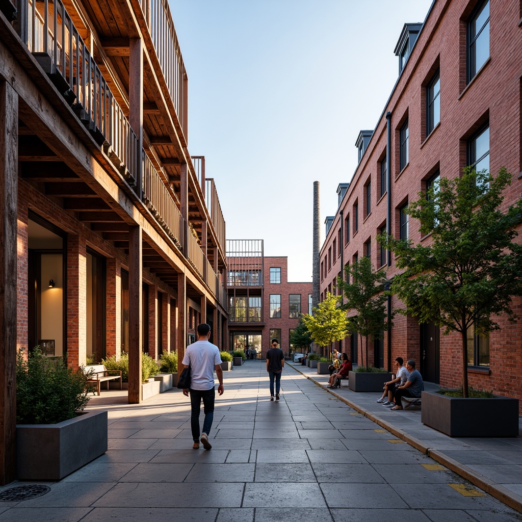 Prompt: Industrial heritage site, exposed brick buildings, rusty metal structures, reclaimed wood accents, vintage factory equipment, urban renewal, mixed-use development, adaptive reuse, modern amenities, sleek glass facades, minimalist interiors, polished concrete floors, industrial chic decor, natural light pouring in, airy open spaces, communal courtyards, pedestrian-friendly walkways, vibrant street art, eclectic neighborhood vibe, warm golden lighting, shallow depth of field, 2/3 composition, realistic textures, ambient occlusion.