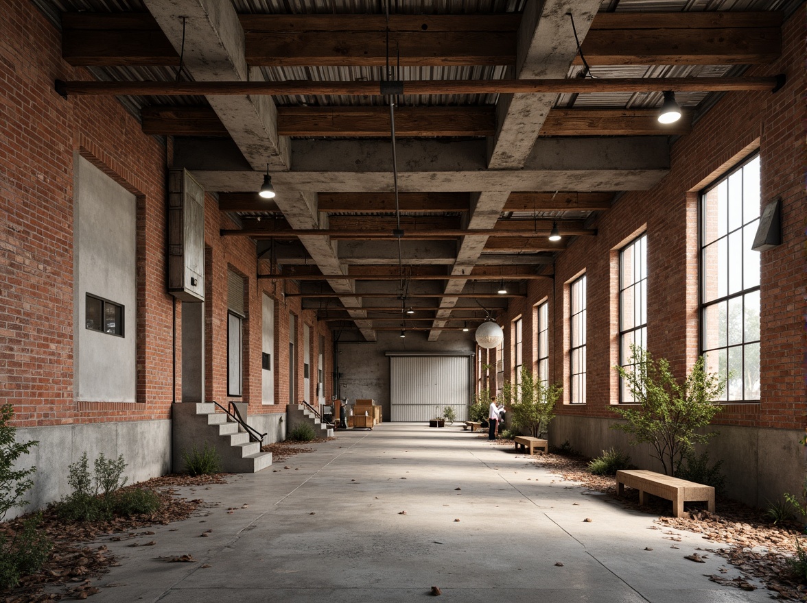 Prompt: Rustic industrial landscape, abandoned factories, worn brick walls, distressed metal roofs, reclaimed wood accents, earthy tones, natural textures, regional materials, local craftsmanship, exposed ductwork, concrete floors, steel beams, functional minimalism, industrial chic aesthetic, warm soft lighting, shallow depth of field, 1/1 composition, realistic renderings, ambient occlusion.