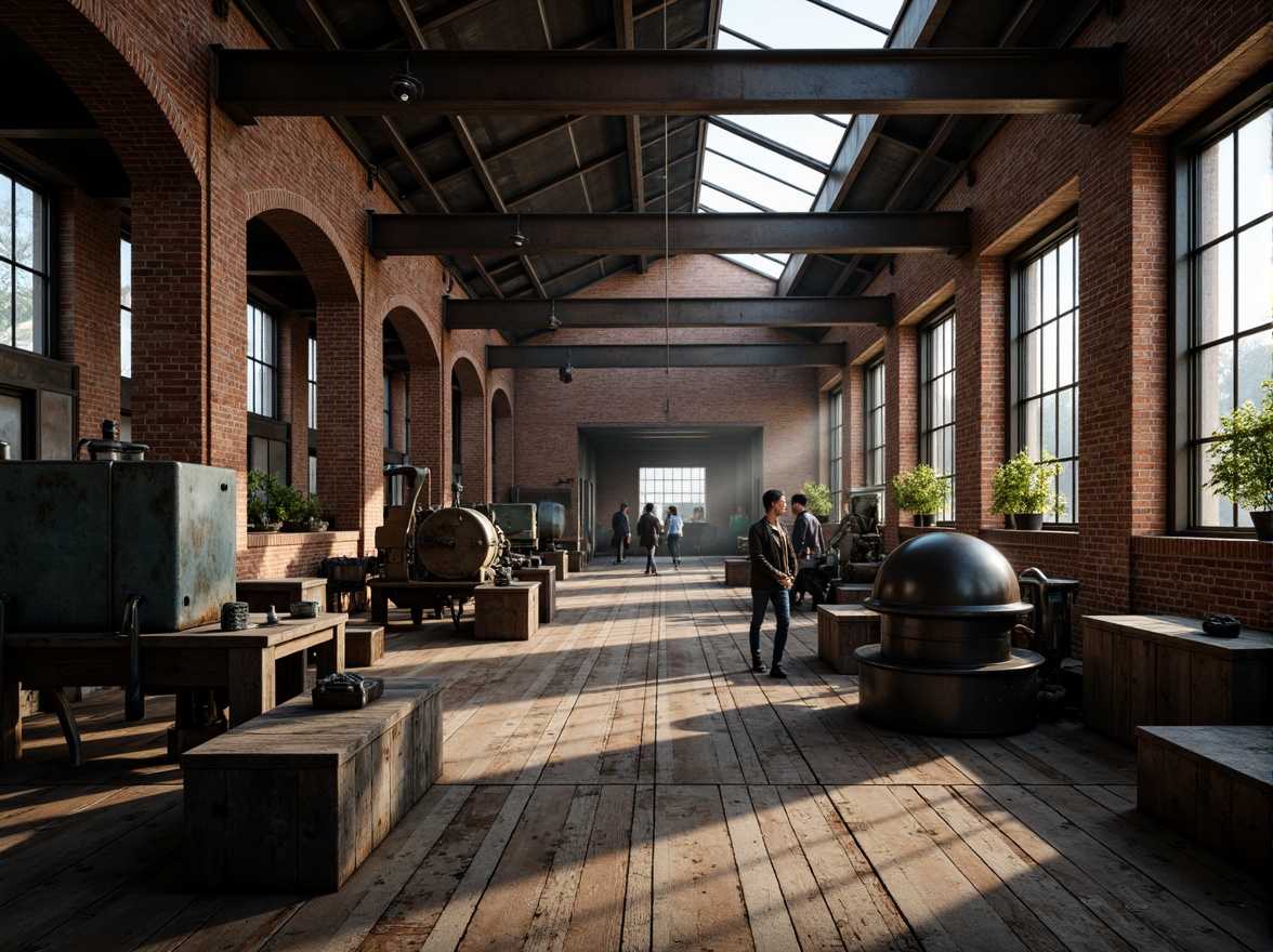 Prompt: Industrial factory setting, exposed brick walls, metal beams, worn wooden floors, vintage machinery, distressed textures, earthy tones, muted colors, rusty reds, weathered blues, faded yellows, industrial greys, urban atmosphere, gritty realism, high contrast lighting, dramatic shadows, cinematic composition, 1/2 camera angle, realistic renderings, ambient occlusion.