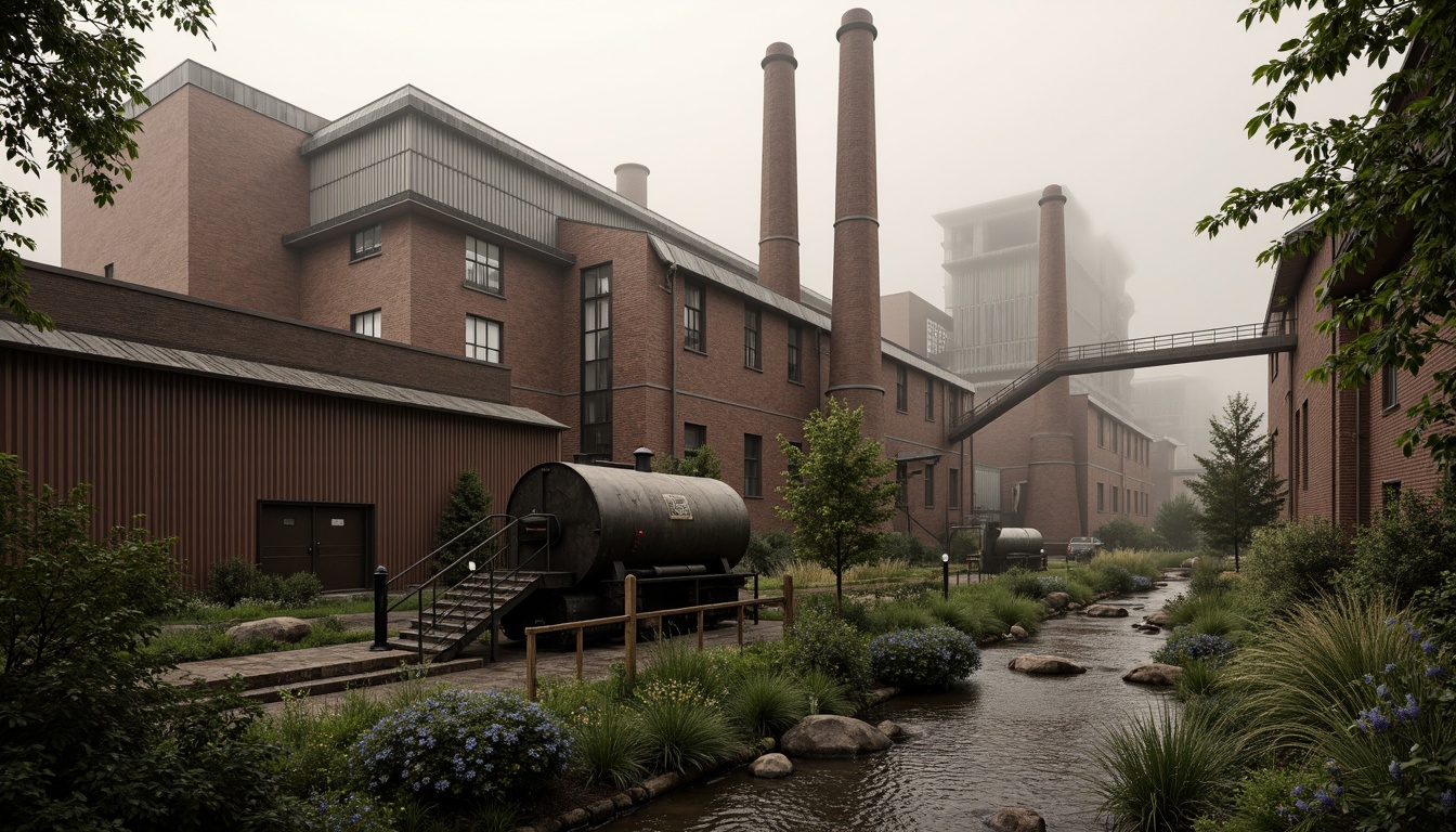 Prompt: Industrial factory complex, rustic brick buildings, corrugated metal roofs, worn concrete walls, vintage machinery, abandoned chimneys, overgrown vegetation, wildflowers, meandering streams, misty atmosphere, soft warm lighting, shallow depth of field, 3/4 composition, panoramic view, realistic textures, ambient occlusion, regionalism-inspired architecture, modern industrial design, functional spaces, exposed ductwork, metal catwalks, reclaimed wood accents, earthy color palette, natural stone pathways, weathered steel bridges.