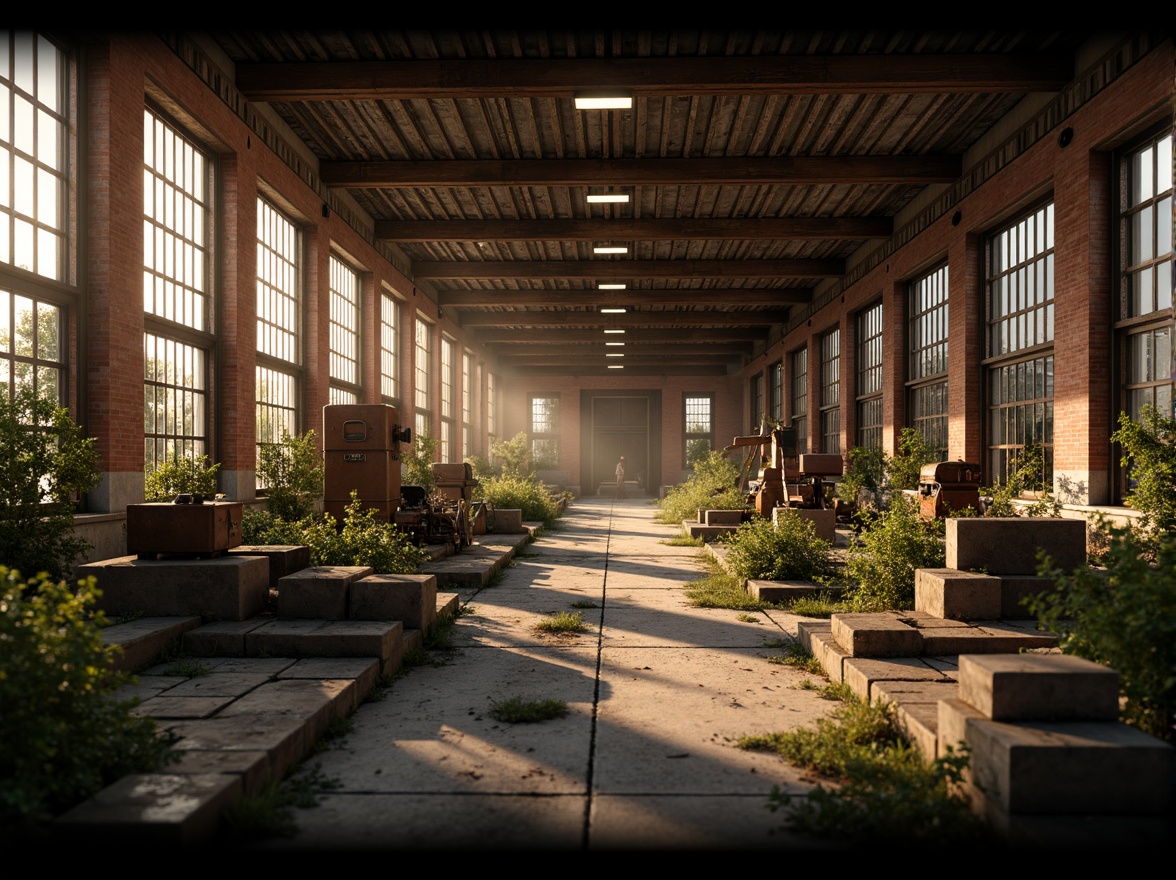 Prompt: Rustic industrial landscape, abandoned factories, distressed brick walls, corrugated metal roofs, worn wooden beams, vintage machinery, urban decay, overgrown vegetation, gritty urban atmosphere, warm golden lighting, shallow depth of field, 1/2 composition, cinematic view, realistic textures, ambient occlusion, nostalgic mood, retro-futuristic elements, exposed ductwork, concrete floors, steel columns, reclaimed wood accents, industrial chic aesthetic.