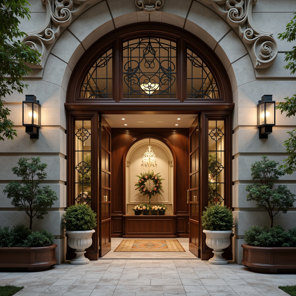 Prompt: Intricate bank facade, ornate stone carvings, flowing organic lines, curved wooden doors, stained glass windows, grand entrance hall, marble floors, polished bronze fixtures, natural stone walls, lush greenery, potted plants, warm ambient lighting, soft focus, shallow depth of field, 1/2 composition, realistic textures, ambient occlusion.