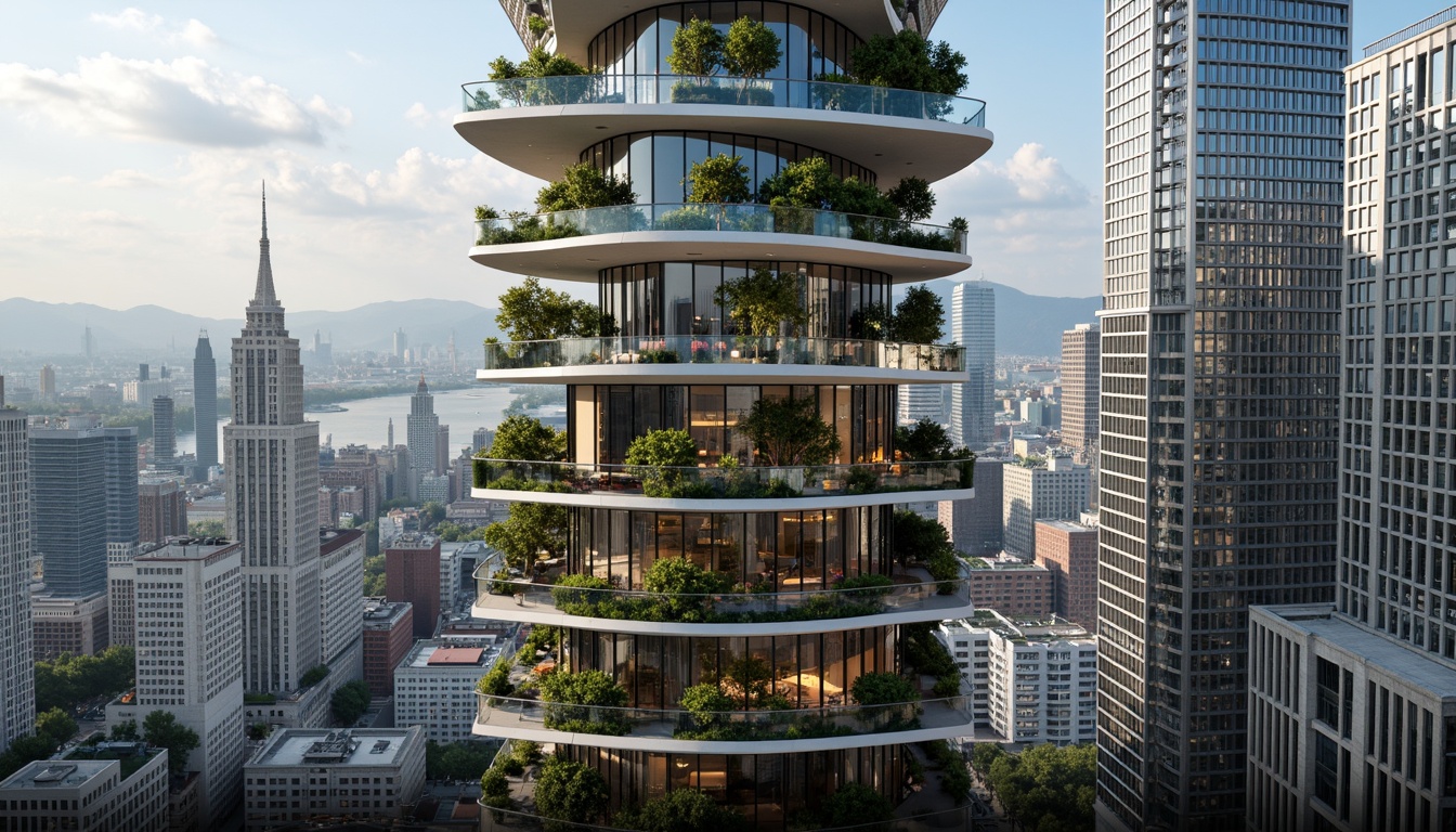 Prompt: Futuristic skyscraper, sleek metal fa\u00e7ade, LED lighting systems, rooftop gardens, lush greenery, vibrant flowers, water features, infinity pools, cantilevered balconies, panoramic city views, modern minimalist design, sustainable energy solutions, solar panels, wind turbines, green roofs, eco-friendly materials, innovative cooling technologies, shaded outdoor spaces, misting systems, futuristic transportation hubs, high-speed elevators, intelligent building management systems, ambient occlusion, realistic textures, shallow depth of field, 3/4 composition, panoramic view.