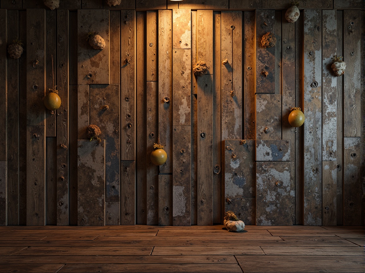 Prompt: Rustic wooden planks, distressed metal panels, rough-hewn stone walls, earthy tone color palette, natural material textures, organic shapes, irregular forms, abstract patterns, moody atmospheric lighting, warm golden hour, shallow depth of field, 1/2 composition, realistic renderings, ambient occlusion.