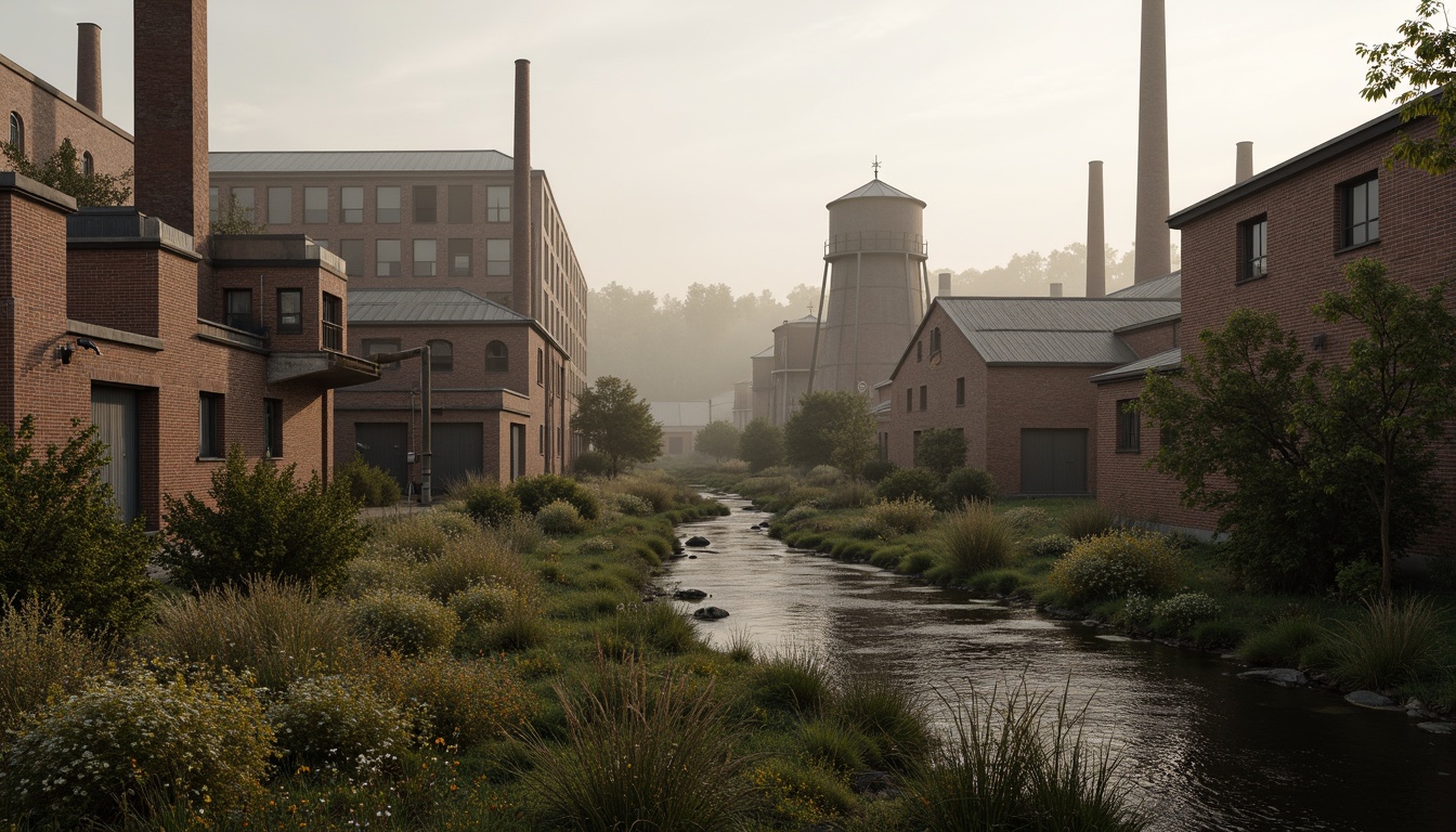 Prompt: Industrial factory complex, rustic brick buildings, corrugated metal roofs, worn concrete walls, vintage machinery, abandoned chimneys, overgrown vegetation, wildflowers, meandering streams, misty atmosphere, soft warm lighting, shallow depth of field, 3/4 composition, panoramic view, realistic textures, ambient occlusion, regionalist architectural style, functional simplicity, earthy color palette, distressed finishes, reclaimed wood accents, metal cladding, industrial heritage, nostalgic ambiance.