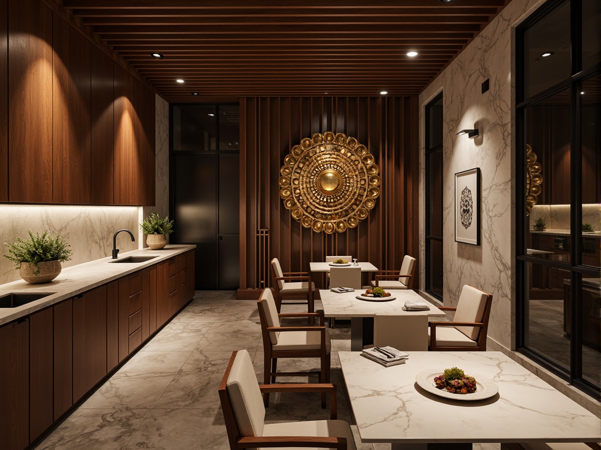 Prompt: Luxurious interior space, rich wood accents, smooth marble countertops, velvety soft upholstery, metallic chrome fixtures, matte black frames, natural stone walls, ambient warm lighting, shallow depth of field, 1/1 composition, realistic textures, subtle reflections.