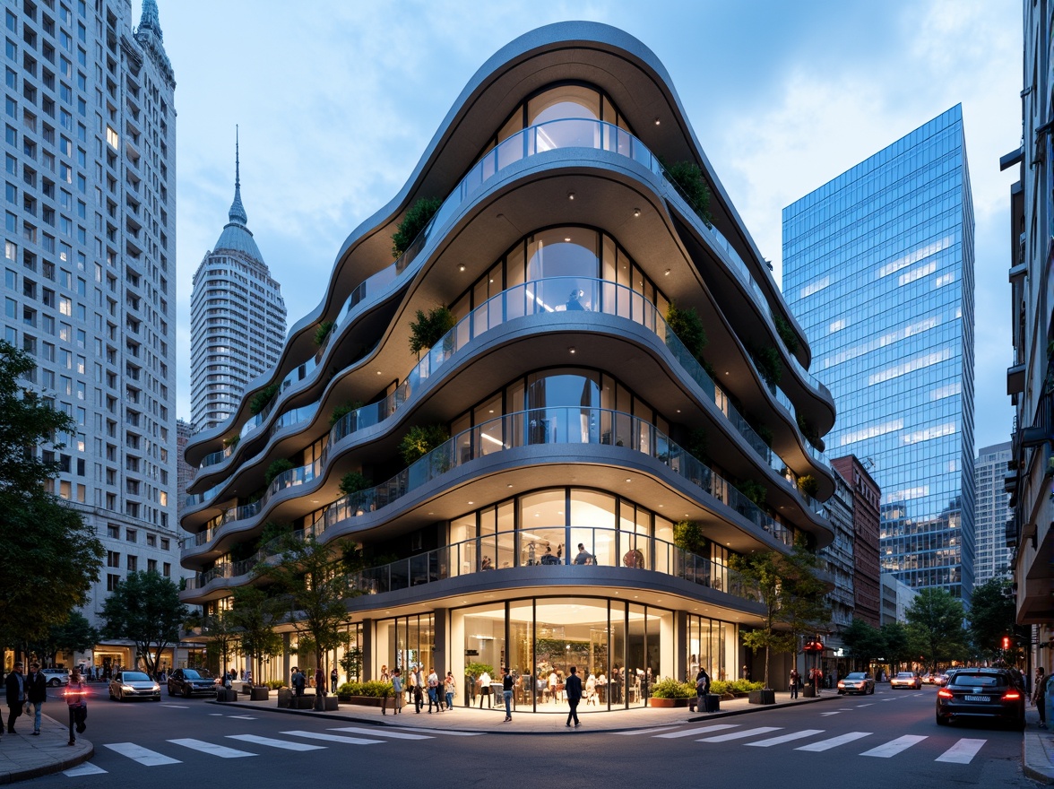 Prompt: Curved building facade, metallic materials, polished chrome accents, horizontal lines, rounded corners, minimalist ornamentation, large glass windows, sliding doors, cantilevered balconies, urban cityscape, busy streets, modern skyscrapers, cloudy blue sky, soft natural light, shallow depth of field, 2/3 composition, symmetrical framing, high-contrast lighting, detailed textures, ambient occlusion.