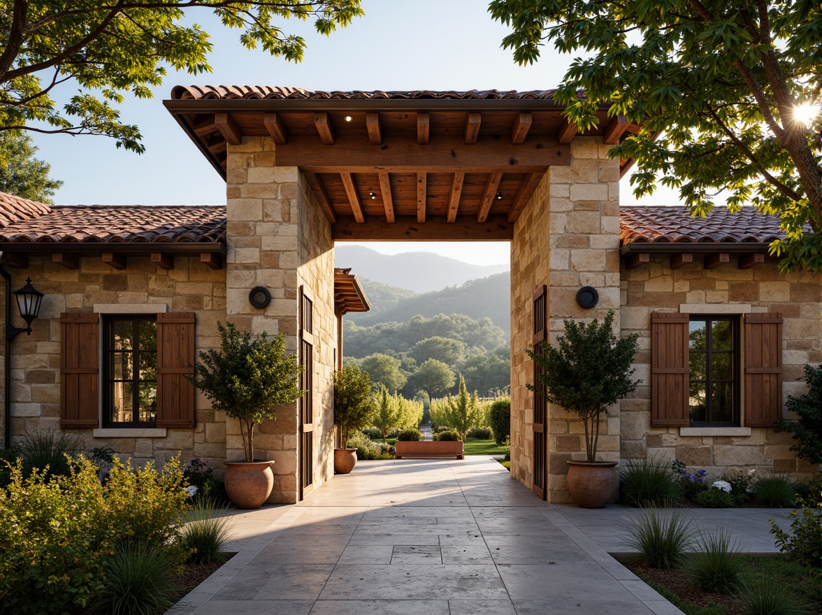 Prompt: Rustic winery facade, stone walls, wooden accents, ornate metalwork, grand entrance gates, vineyard views, rolling hills, Tuscan countryside, warm golden lighting, soft focus, shallow depth of field, 1/2 composition, symmetrical architecture, classic Renaissance style, arched windows, decorative cornices, rustic stonework, earthy tones, natural textures, ambient occlusion.