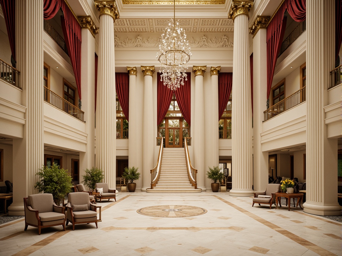 Prompt: Grandiose neoclassical facade, ornate stone carvings, Corinthian columns, symmetrical architecture, creamy white marble, polished bronze details, intricate moldings, lavish chandeliers, opulent furnishings, rich velvet drapes, gilded frames, crystal glass doors, stately grand staircase, majestic high ceilings, warm golden lighting, shallow depth of field, 1/1 composition, realistic textures, ambient occlusion.