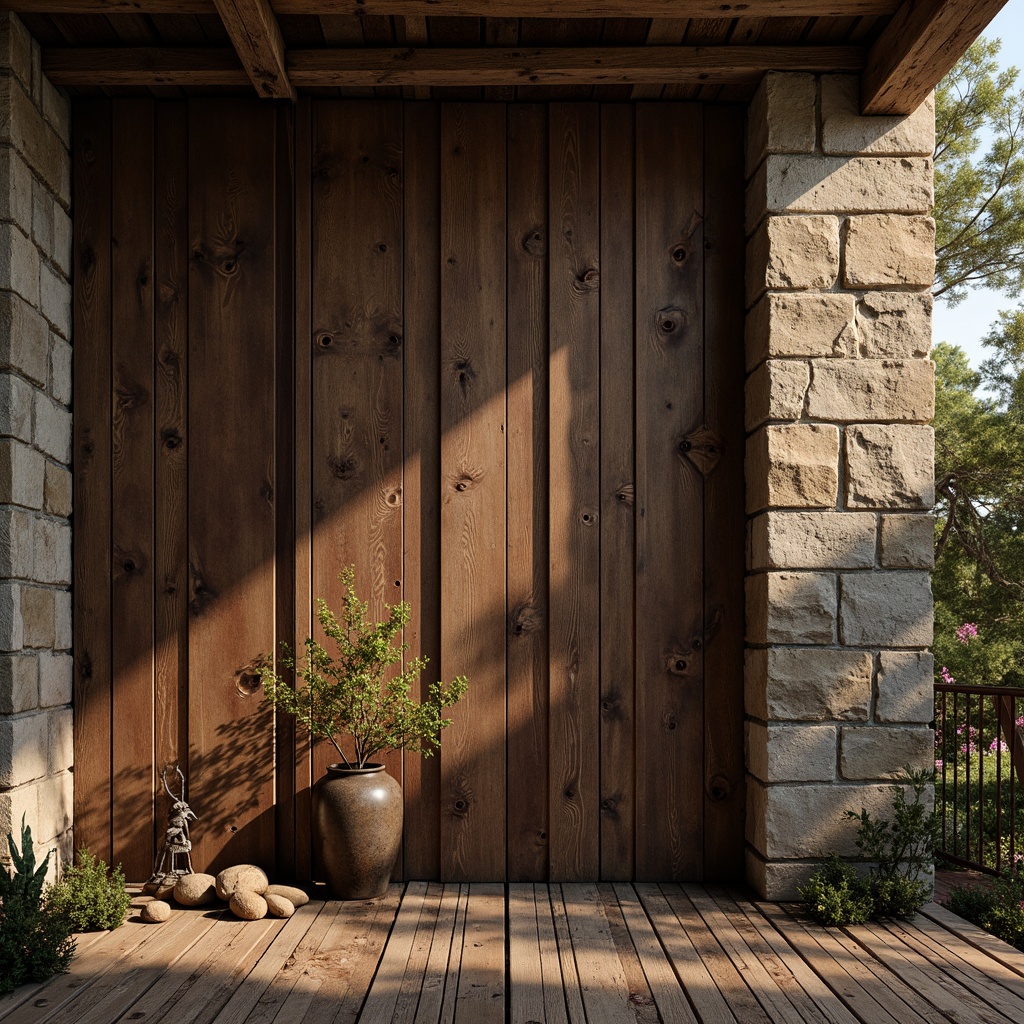 Prompt: Rustic wooden planks, distressed metal panels, rough-hewn stone walls, earthy tone color palette, natural material textures, organic shapes, irregular forms, abstract patterns, moody atmospheric lighting, warm golden hour, shallow depth of field, 1/2 composition, realistic renderings, ambient occlusion.