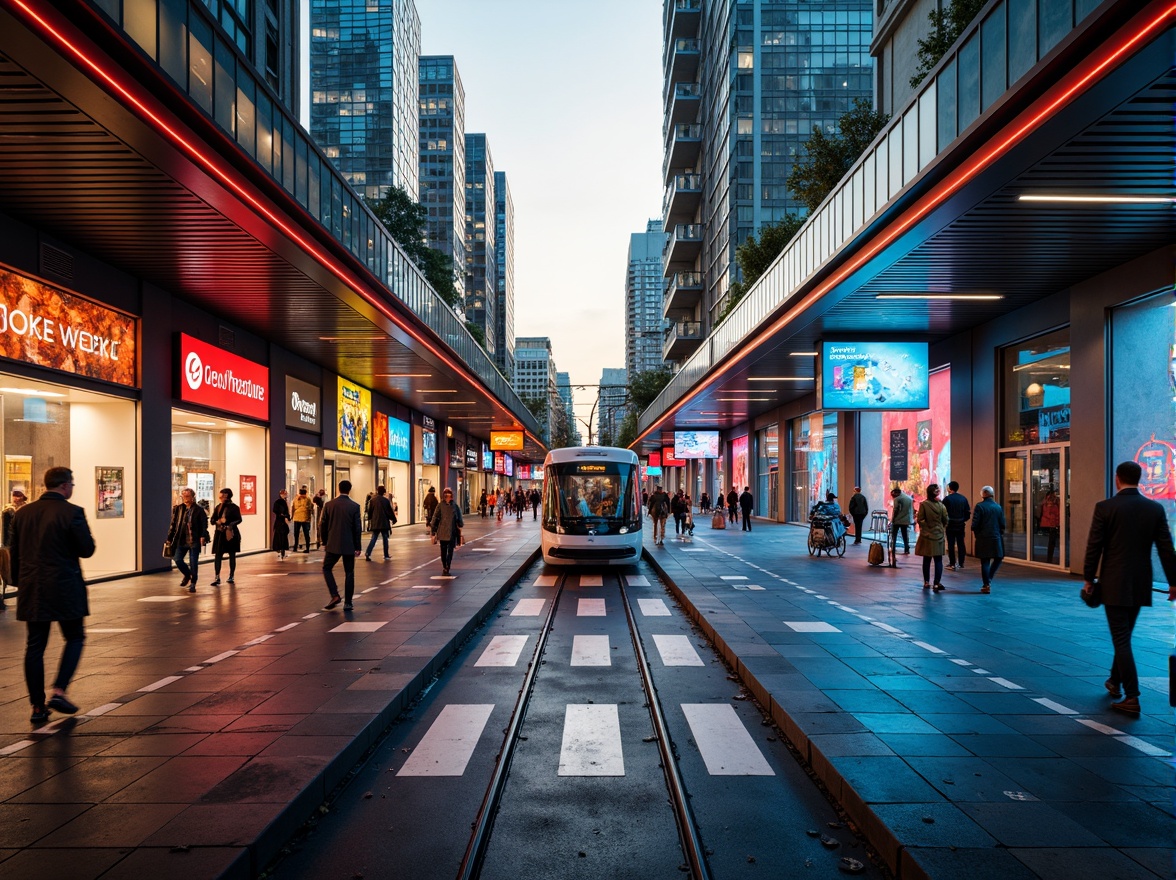 Prompt: Vibrant tram station, bold color schemes, contrasting hues, dynamic lighting effects, futuristic architecture, sleek metal accents, glass roofs, modern signage, urban cityscape, busy pedestrian traffic, rush hour atmosphere, warm golden lighting, shallow depth of field, 1/1 composition, realistic textures, ambient occlusion.