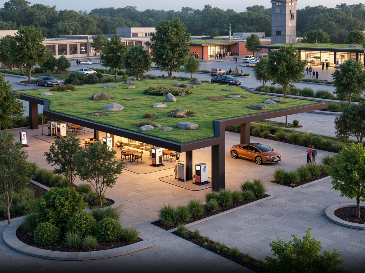 Prompt: Vibrant gas station, lush green roofs, native plant species, natural stone walls, modern architecture, sleek metal canopies, LED lighting, eco-friendly fueling systems, solar panels, rainwater harvesting systems, permeable pavement, stormwater management, outdoor seating areas, shaded walkways, pedestrian-friendly access, wheelchair-accessible ramps, clear signage, wayfinding graphics, warm color scheme, soft evening lighting, shallow depth of field, 3/4 composition, panoramic view, realistic textures, ambient occlusion.