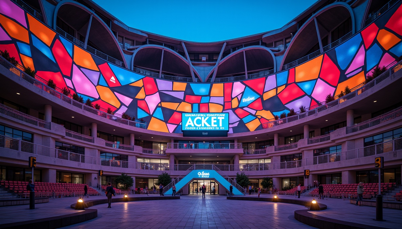 Prompt: Vibrant stadium facade, dynamic curves, bold angular lines, futuristic expressionist architecture, neon-lit LED lights, abstract geometric patterns, irregular shapes, clashing colors, distorted proportions, oversized arches, sweeping cantilevers, dramatic shadows, high-contrast lighting, 1/2 composition, low-angle shot, cinematic atmosphere, realistic materials, ambient occlusion.