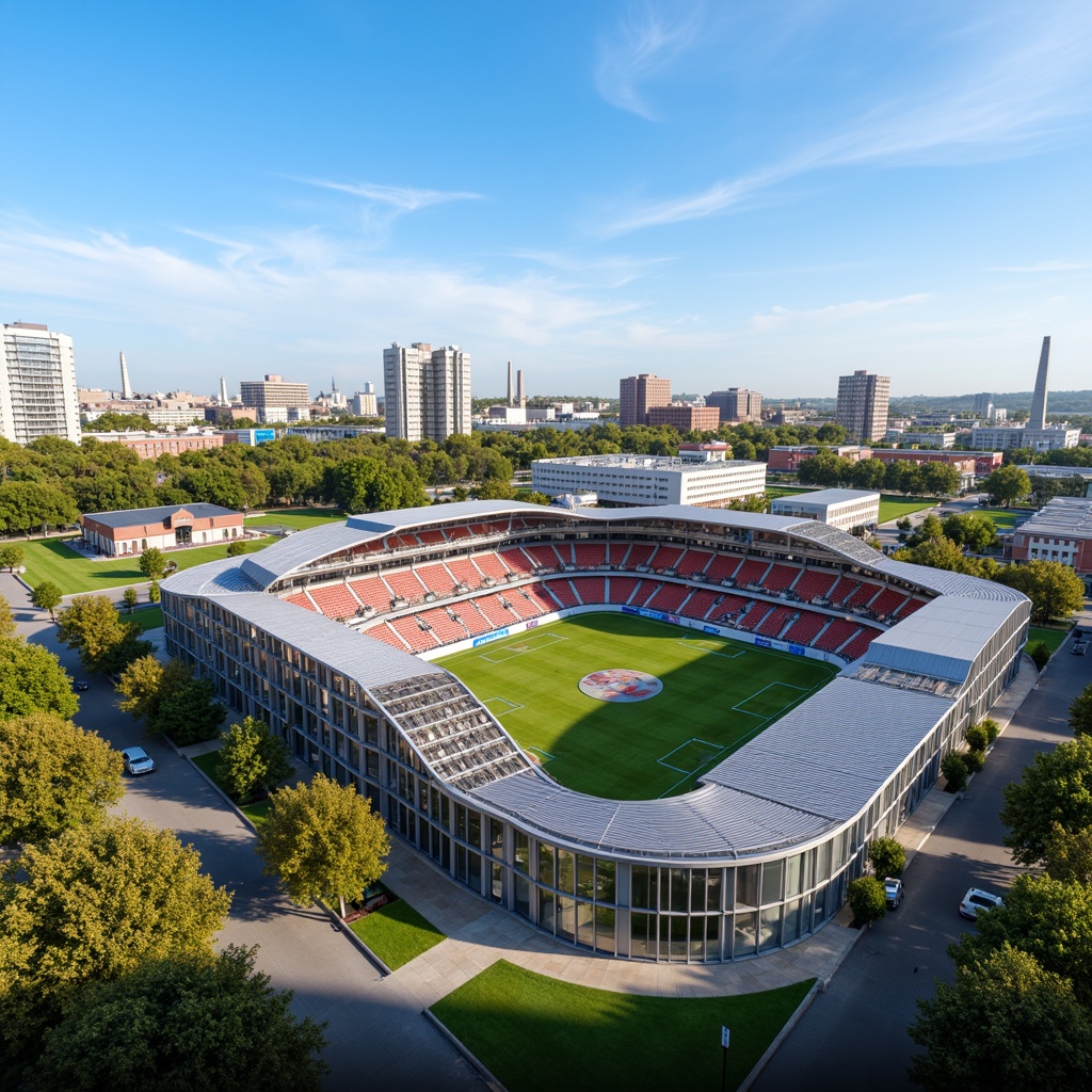 Prompt: Modern soccer stadium housing, sleek metal fa\u00e7ade, transparent glass walls, cantilevered roofs, vibrant team color accents, durable concrete floors, weather-resistant exterior cladding, energy-efficient LED lighting, spacious player lounges, state-of-the-art locker rooms, advanced athletic training facilities, panoramic views of the pitch, dynamic crowd seating areas, urban cityscape backdrop, clear blue sky, warm sunny day, shallow depth of field, 3/4 composition, realistic textures, ambient occlusion.