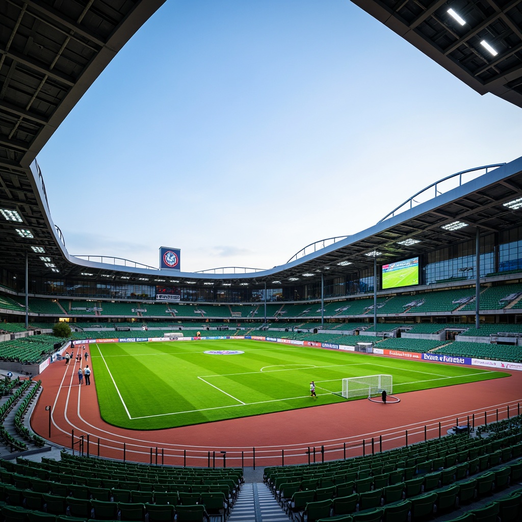 Prompt: Modern soccer stadium, sleek curved lines, cantilevered roofs, transparent glass facades, steel structures, vibrant green seats, lush grass fields, athletic tracks, scoreboard displays, floodlighting systems, evening ambiance, shallow depth of field, 1/1 composition, realistic textures, ambient occlusion, durable concrete flooring, weather-resistant exterior cladding, sound-absorbing interior materials, eco-friendly sustainable design, natural ventilation systems, spacious player lounges, state-of-the-art locker rooms.