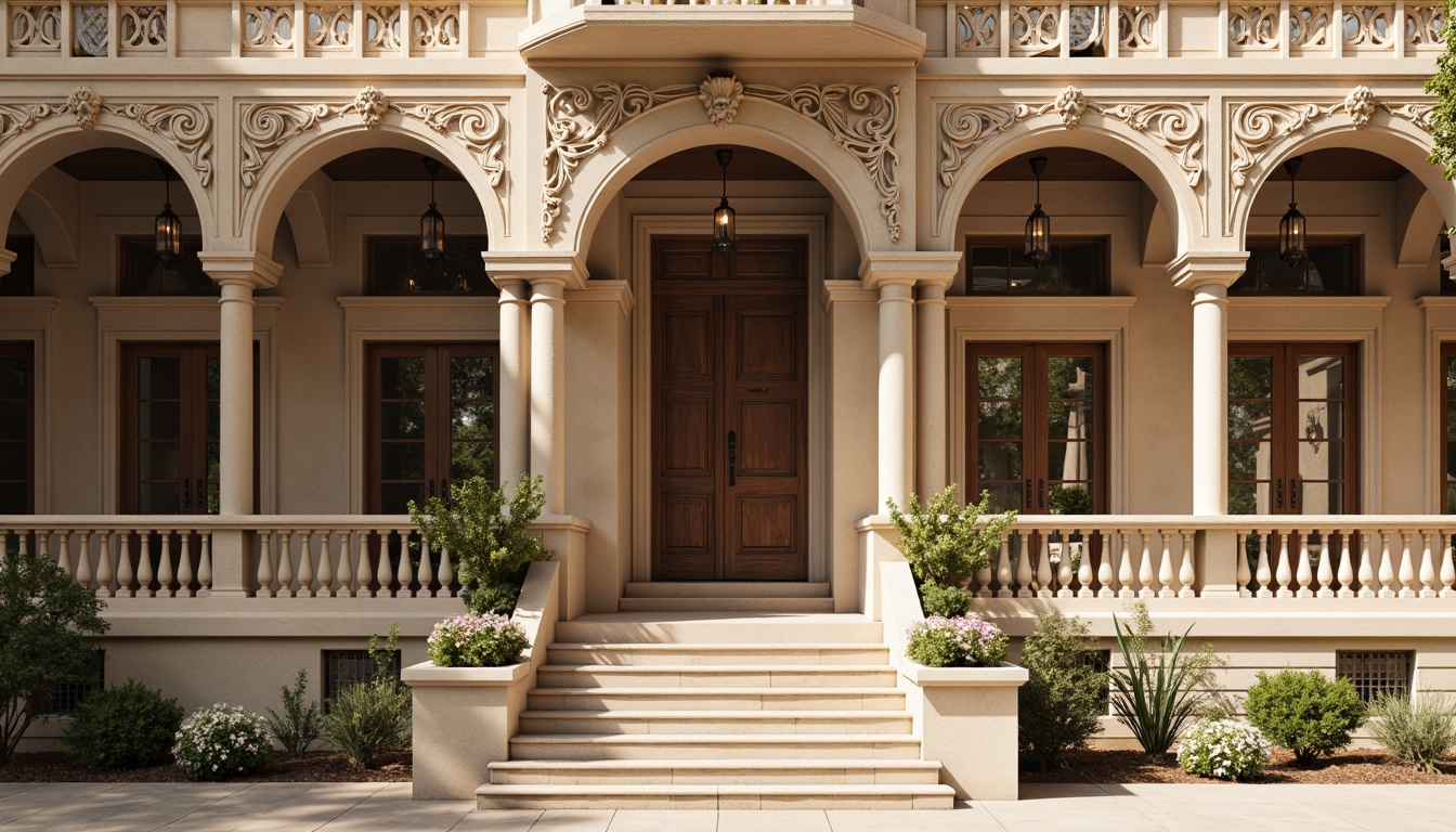 Prompt: Grandiose building facade, ornate columns, intricately carved details, symmetrical composition, classical arches, rusticated stone walls, grand entranceways, sweeping staircases, elegant balustrades, refined moldings, subtle ornamentation, muted earthy tones, warm beige stonework, soft natural lighting, shallow depth of field, 2/3 composition, realistic textures, ambient occlusion.