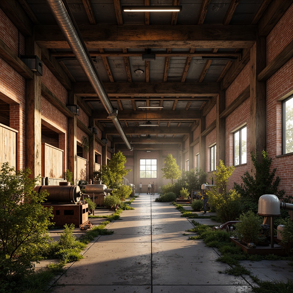 Prompt: Rustic industrial landscape, abandoned factories, distressed brick walls, corrugated metal roofs, worn wooden beams, vintage machinery, urban decay, overgrown vegetation, gritty urban atmosphere, warm golden lighting, shallow depth of field, 1/2 composition, cinematic view, realistic textures, ambient occlusion, nostalgic mood, retro-futuristic elements, exposed ductwork, concrete floors, steel columns, reclaimed wood accents, industrial chic aesthetic.