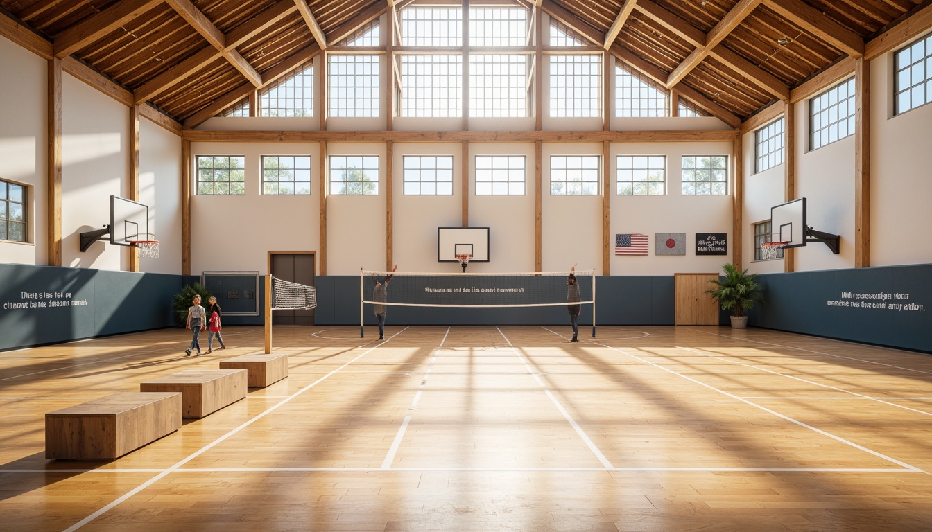 Prompt: Spacious gymnasium interior, high ceilings, clerestory windows, natural light pouring in, wooden flooring, sports equipment, basketball hoops, volleyball nets, athletic tracks, motivational quotes, modern architecture, minimalist design, bright color scheme, soft warm lighting, shallow depth of field, 3/4 composition, panoramic view, realistic textures, ambient occlusion.