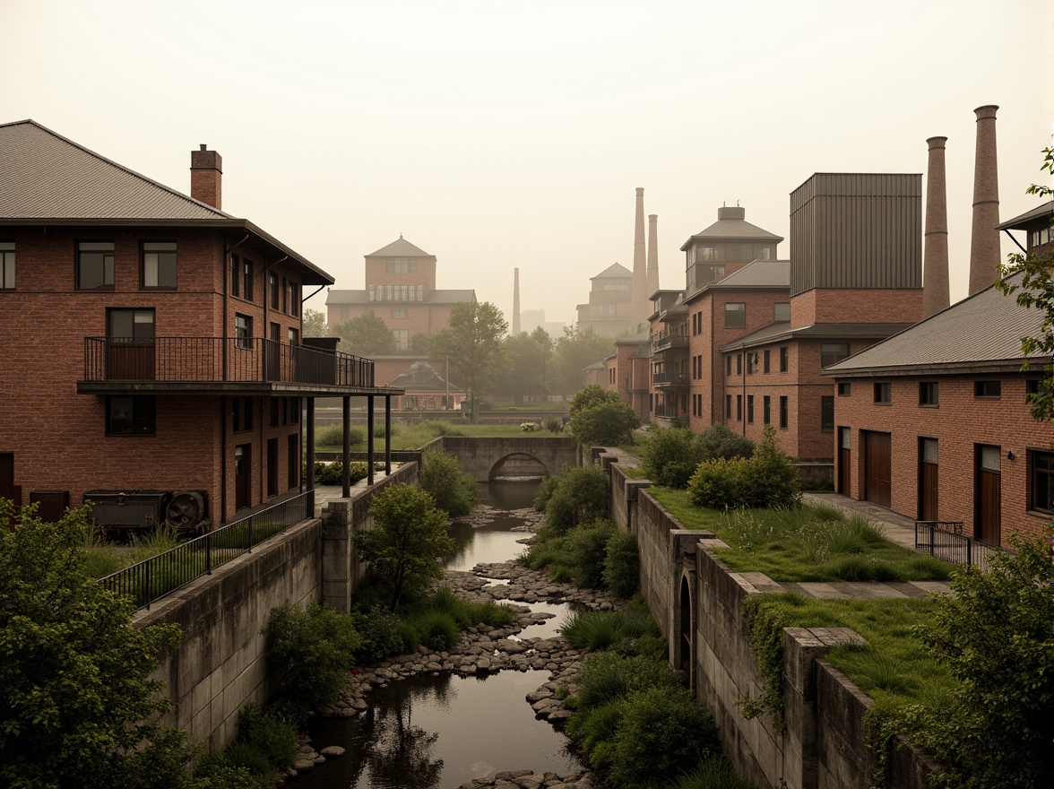 Prompt: Industrial factory complex, rustic brick buildings, corrugated metal roofs, worn concrete walls, vintage machinery, abandoned chimneys, overgrown vegetation, wildflowers, meandering streams, misty atmosphere, soft warm lighting, shallow depth of field, 3/4 composition, panoramic view, realistic textures, ambient occlusion, regionalism-inspired architecture, modern industrial design, functional spaces, exposed ductwork, metal catwalks, reclaimed wood accents, earthy color palette, natural stone pathways, weathered steel bridges.