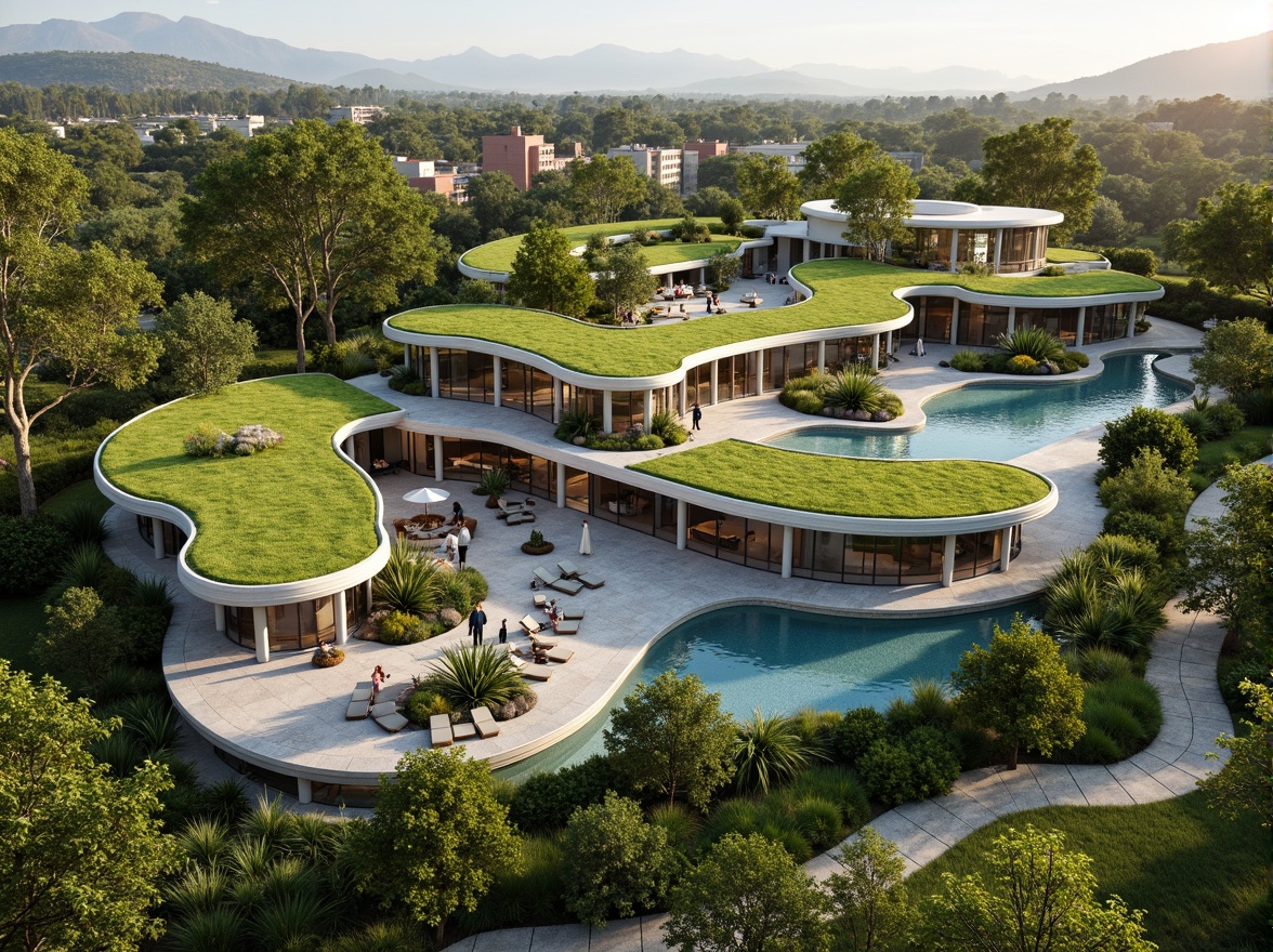 Prompt: Harmonious building integration, lush green roofs, verdant walls, natural stone facades, curved lines, organic shapes, seamless transitions, outdoor living spaces, infinity pools, water features, walking trails, native plant species, bird's eye view, 1/1 composition, soft warm lighting, shallow depth of field, realistic textures, ambient occlusion.