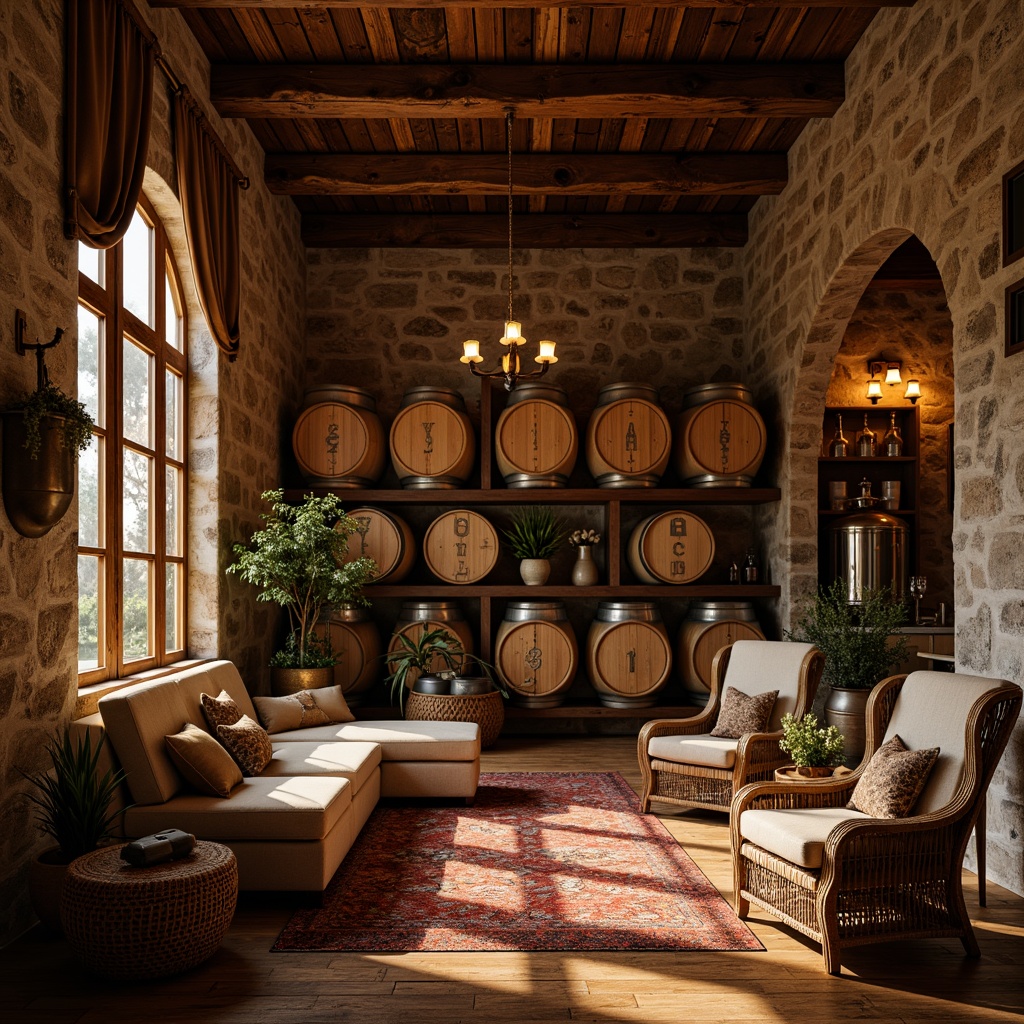 Prompt: Rustic winery interior, earthy tone fabrics, natural fiber upholstery, woven baskets, wooden accents, stone walls, dim warm lighting, cozy atmosphere, plush area rugs, rich velvet drapes, metallic wine barrels, wooden wine crates, vintage wine-making equipment, distressed wood shelving, soft golden lighting, shallow depth of field, 1/1 composition, realistic textures, ambient occlusion.