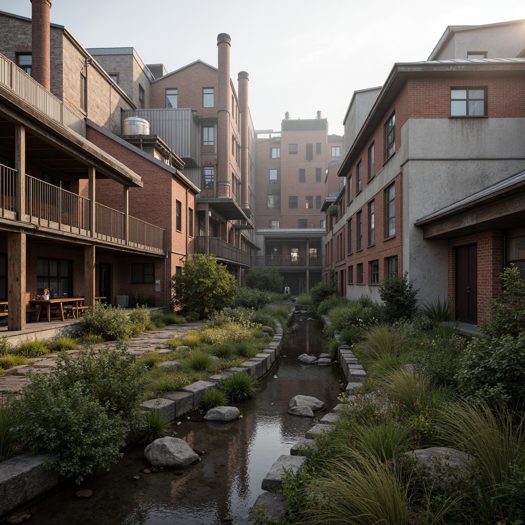 Prompt: Industrial factory complex, rustic brick buildings, corrugated metal roofs, worn concrete walls, vintage machinery, abandoned chimneys, overgrown vegetation, wildflowers, meandering streams, misty atmosphere, soft warm lighting, shallow depth of field, 3/4 composition, panoramic view, realistic textures, ambient occlusion, regionalism-inspired architecture, modern industrial design, functional spaces, exposed ductwork, metal catwalks, reclaimed wood accents, earthy color palette, natural stone pathways, weathered steel bridges.