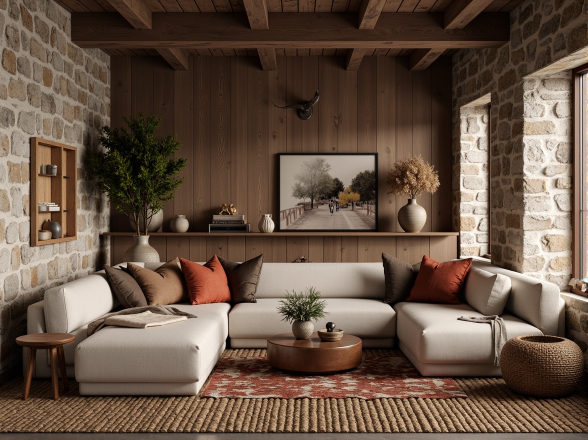 Prompt: Rough-hewn stone walls, distressed wood planks, smooth metallic surfaces, velvety soft upholstery, intricate woven textiles, natural fiber rugs, earthy terracotta pots, organic-shaped sculptures, warm ambient lighting, shallow depth of field, 1/1 composition, realistic material rendering, subtle normal mapping, detailed bump mapping.