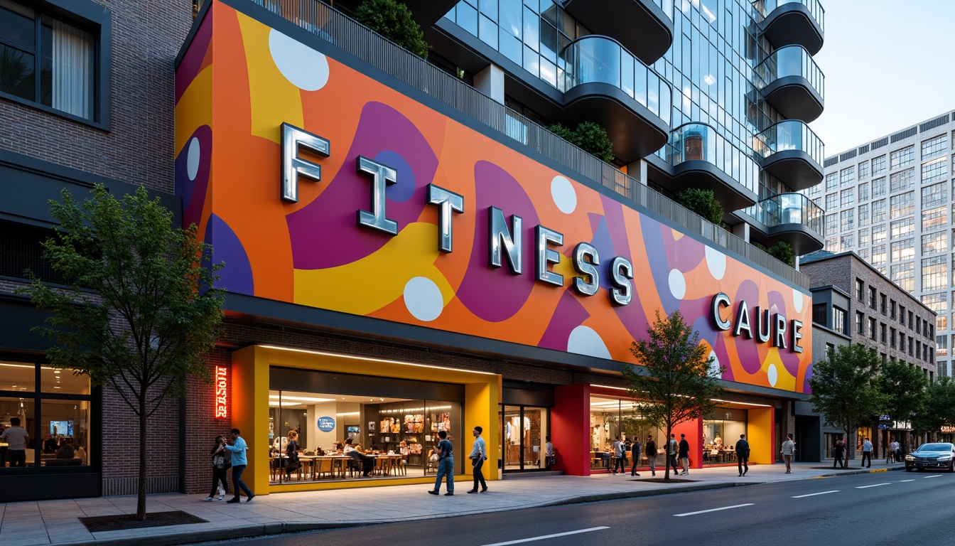 Prompt: Vibrant fitness club facade, bold color blocking, irregular shapes, fragmented forms, playful typography, neon lights, metallic accents, glass brick walls, cantilevered structures, asymmetrical composition, dynamic curves, urban cityscape, bustling streets, morning sunlight, shallow depth of field, 1/1 composition, realistic textures, ambient occlusion.