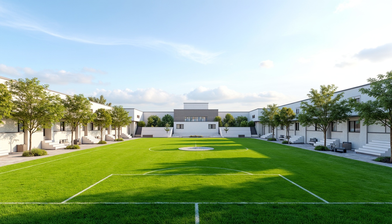 Prompt: Simple sports field, lush green grass, white goalposts, minimalist bleachers, clean lines, modernist architecture, sleek metal fences, natural stone pathways, sparse trees, clear blue sky, sunny day, soft warm lighting, shallow depth of field, 3/4 composition, panoramic view, realistic textures, ambient occlusion.