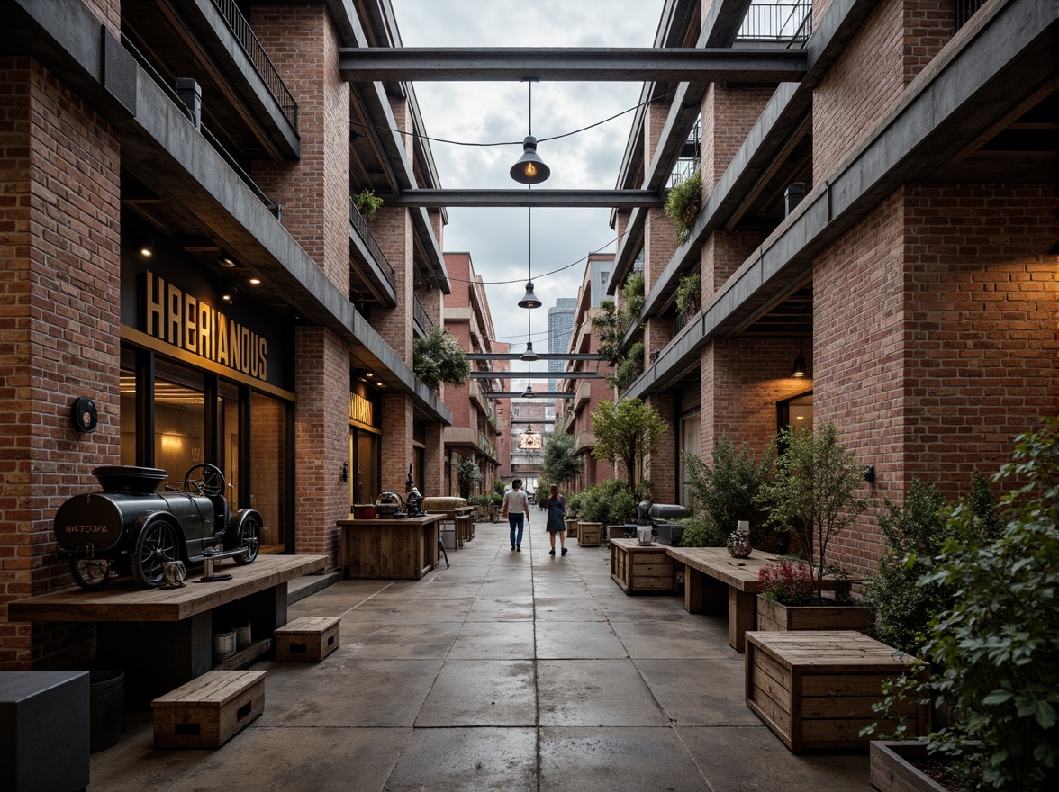 Prompt: Rustic industrial factory, exposed brick walls, metallic beams, reclaimed wood accents, distressed concrete floors, vintage machinery, urban cityscape, cloudy grey sky, warm soft lighting, shallow depth of field, 1/1 composition, realistic textures, ambient occlusion, worn wooden crates, old-fashioned lanterns, faded signage, eclectic mix of materials, post-industrial aesthetic, nostalgic atmosphere.